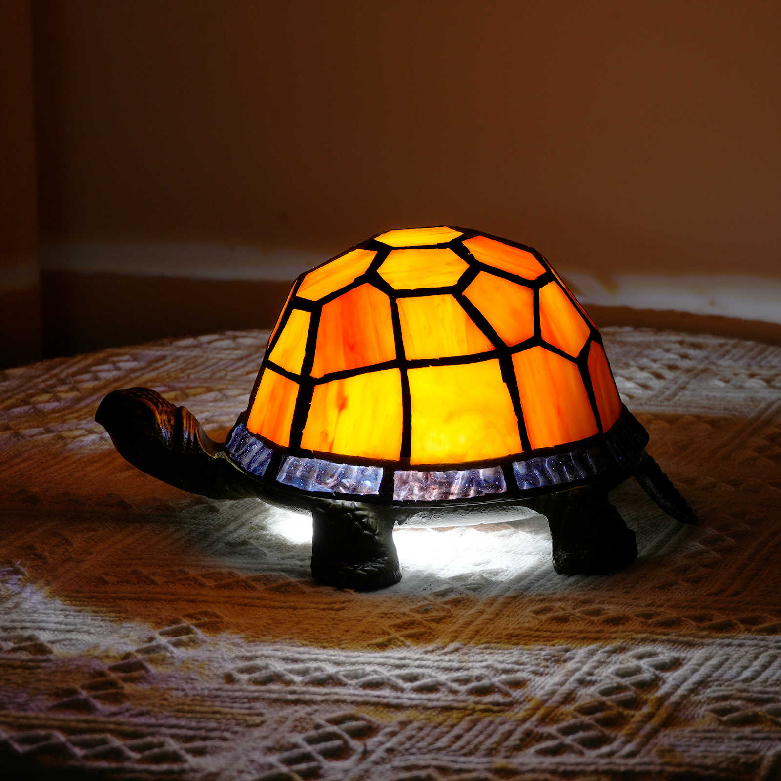 Blivuself Tiffany Table Lamp Traditional Medieval Style Orange Turtle Handmade Stained Glass Lamp Shade, Suitable For Gift Nightstand Desk, Classical Art Mini Nightlight Romantic Home Decoration, 9427f Turtle Desk Lamp OFU1217