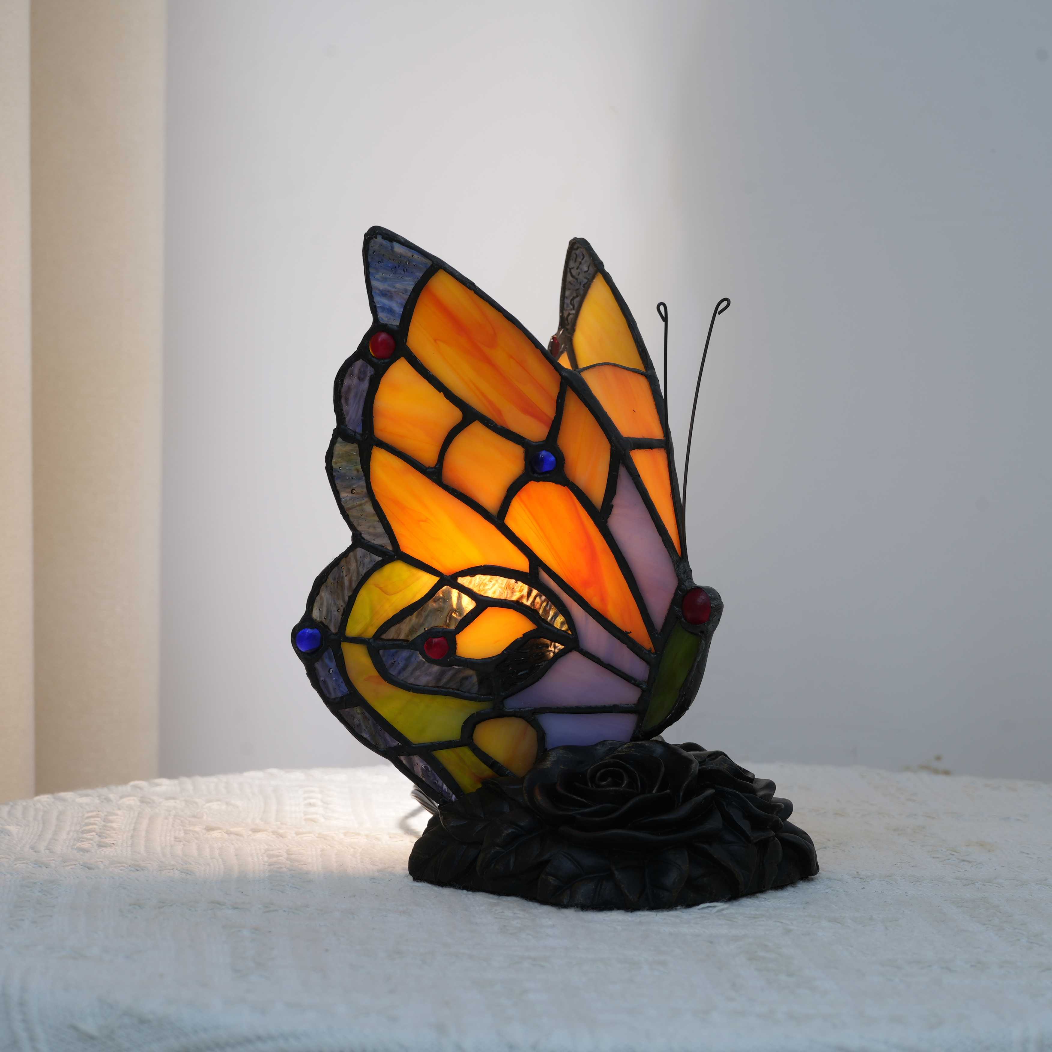 Blivuself Tiffany  Lamp Victoria Style Orange Purple Butterfly Stained Glass Desk Lamp, Mini Nightlight Adjustable Lighting, Atmosphere Eye Protection Home Decoration, European Classic Style Nightlight Can Be Applied To Children Gift Office Bedroom And Other Blue And Orange Small Butterfly Desk Lamp OFU1192