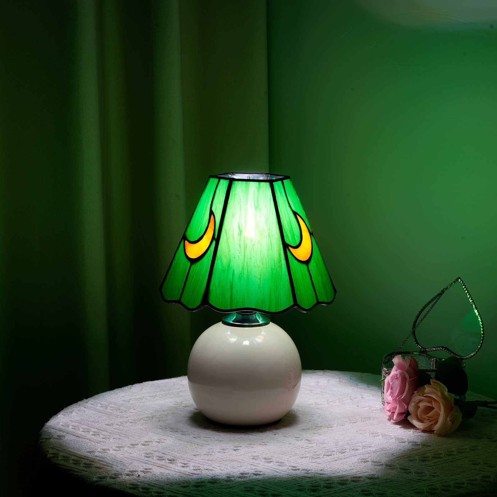 Blivuself Tiffany Table Lamp Victorian Style 7 Inch Cyan Background Yellow Moon Design Handcrafted Stained Glass Lamp Shade, Warm And Romantic Style Small Night Light Home Decoration, Suitable For Children Gift Bedroom Living Room, Etc., 7 Inch  Cyan Green Moon - Ceramic Big Mouth Table Lamp OFU1205