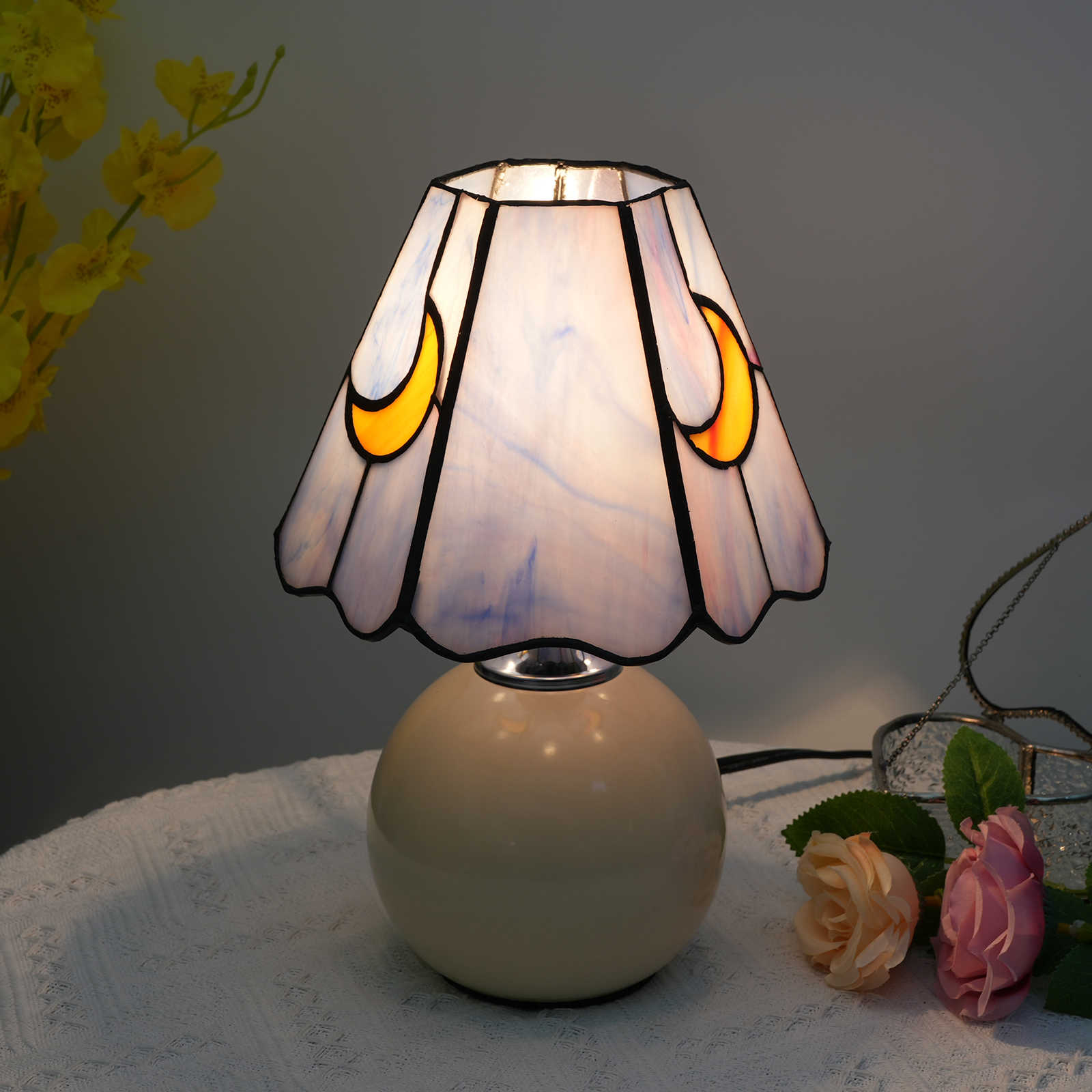 Blivuself Tiffany Lamp Victorian-Style Stained Glass Lamp Shade Pink Purple Moon Lamp For Bedroom Headboard Office Art Deco Nightlight Eye Protection Light Romantic Retro Home Decor Big Mouth Ceramic Lamp Purple Moon - Ceramic Lamp OFU1067