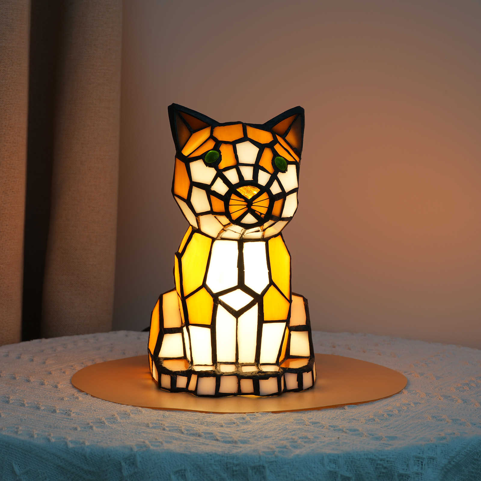 Blivuself Tiffany Lamp Victorian Style Stained Glass Lamp Shade Orange Kitten Nightlight For Bedroom Bedside Office Art Deco Animal Design Eye Protection Nightlight Home Decor Kitten Lamp OFU1116