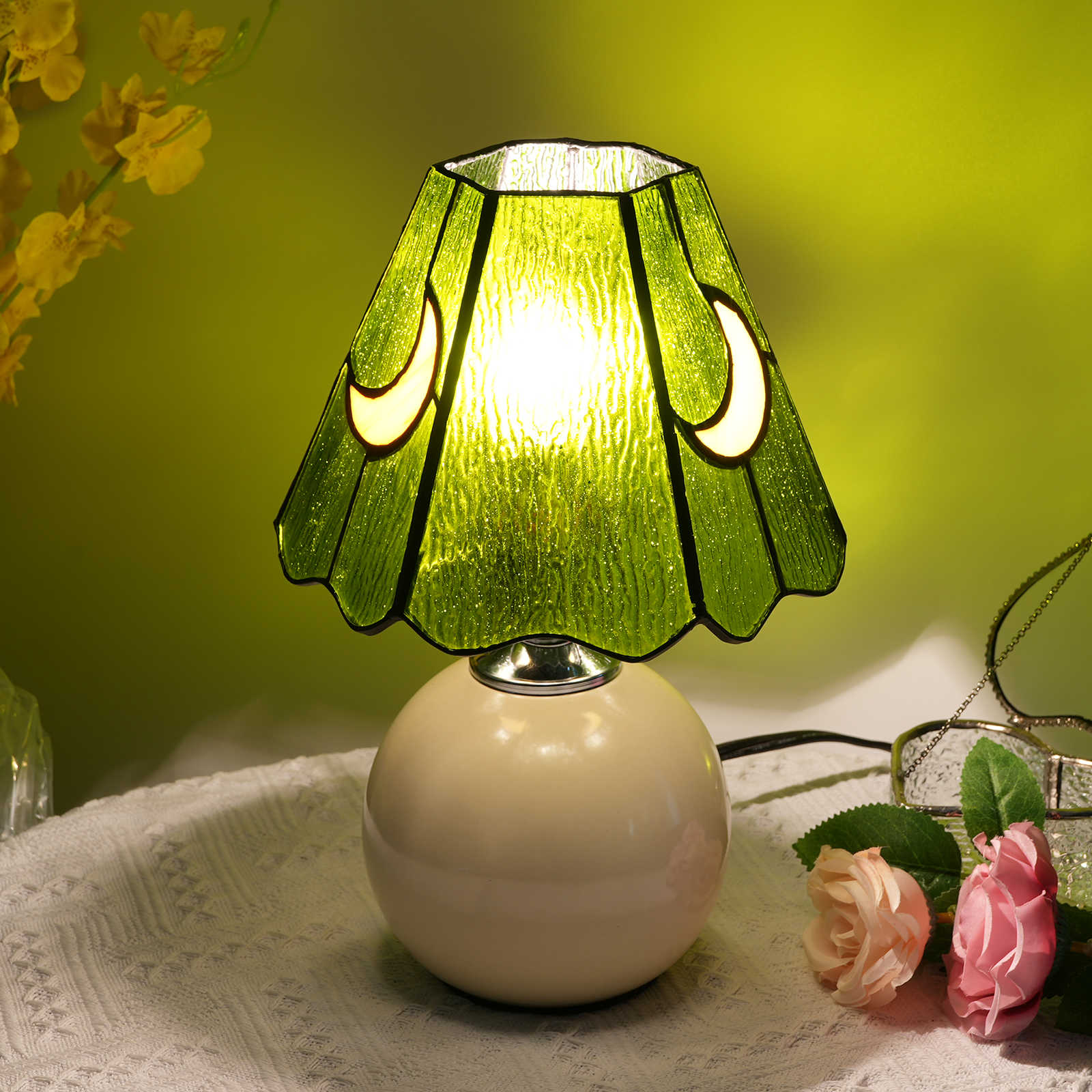 Blivusself Tiffany Stained glass Green Water print Moon lamp Bedroom Bedside Reading Light Office Dorm bar Warm vintage style decor Unique Lovely OFU1063