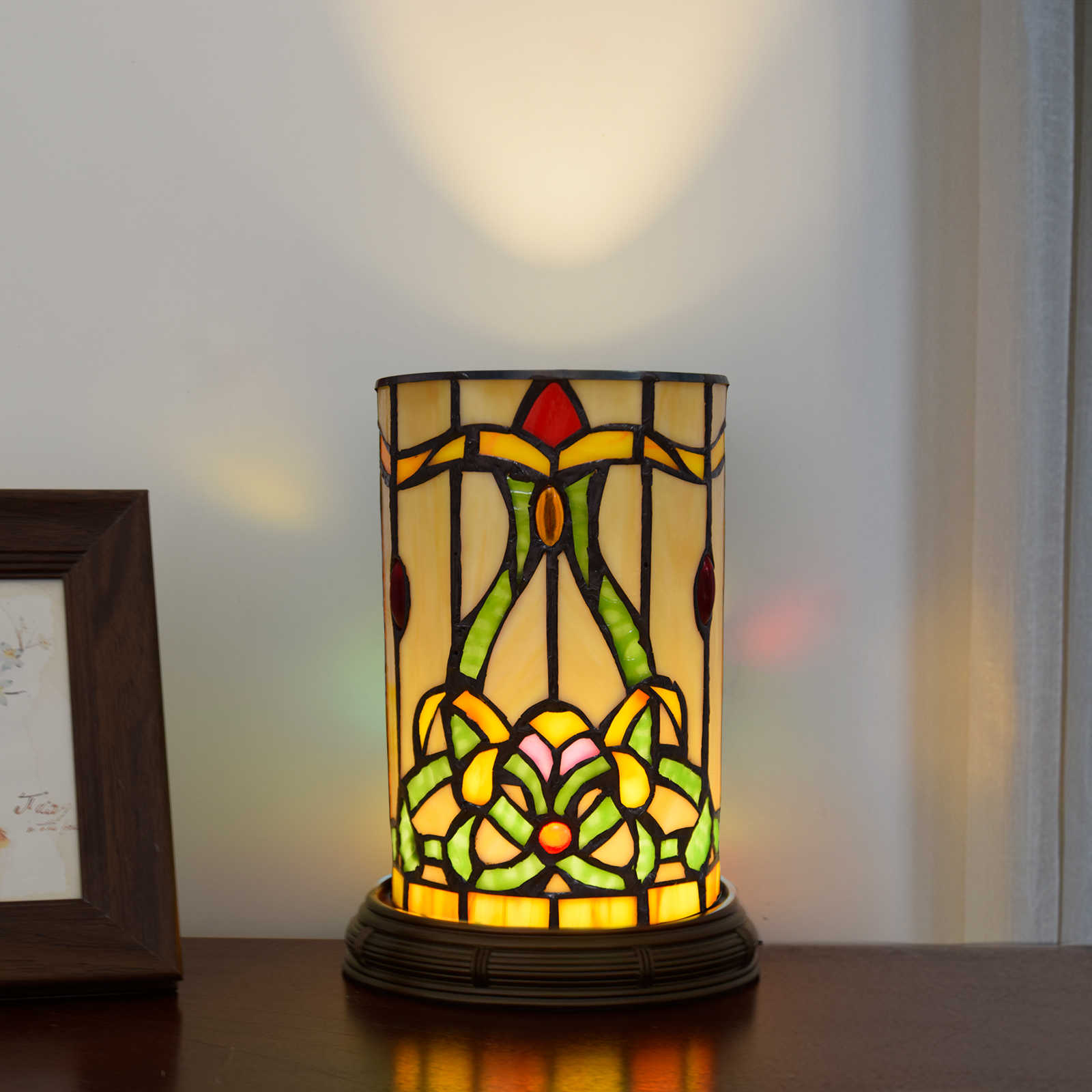 Blivuself Tiffany Style Stained Glass Lamp Yellow Green Pastoral Style Bedroom Headboard Decoration Romantic Warm Vintage Style Nightlight Mini Cute Kids Decor Unique Cottage Aesthetic Round Barrel Lamp 7-Inch Vine Barrel Lamp OFT10031