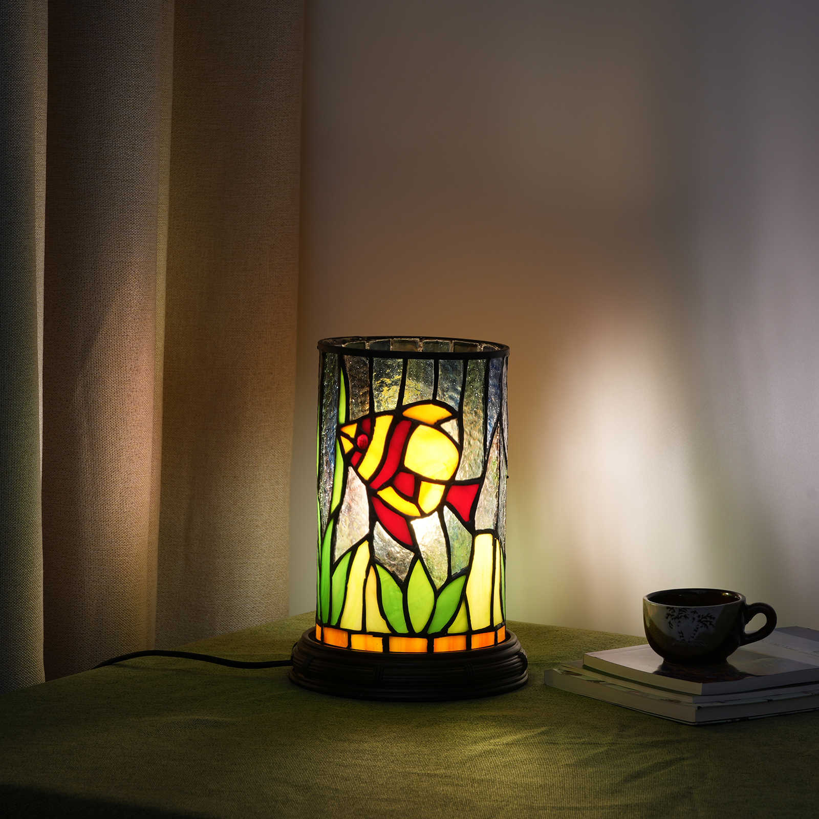 Blivuself Tiffany Style Stained glass Dark Blue Garden style Bedroom decor Romantic Warm Vintage style Nightlight 12cmx12cm Mini Cute Kid decor Unique 7-inch Little Fish lamp OFU1109
