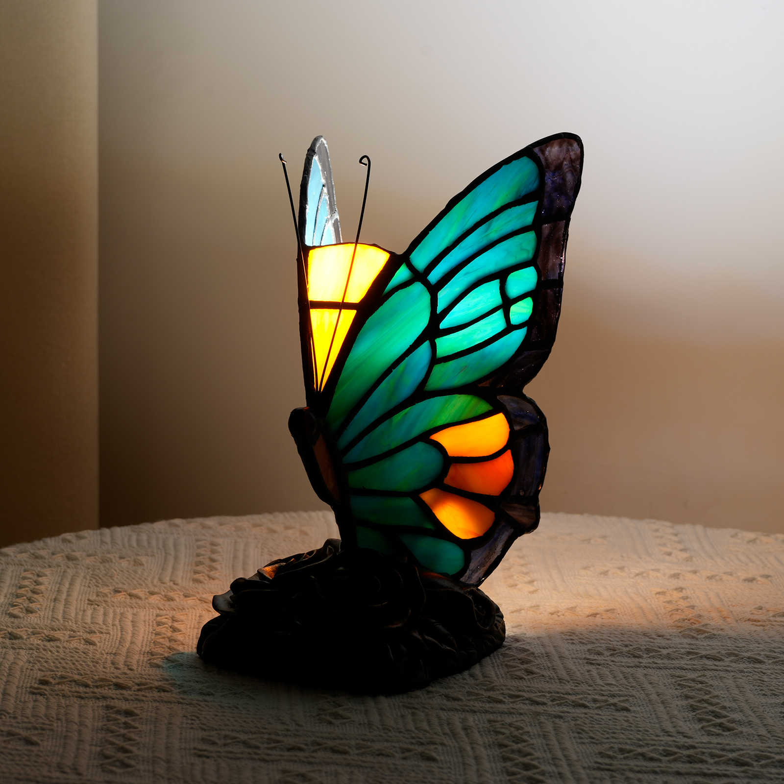 Blivuself Tiffany  Style Cyan Mini Butterfly Nightlight Stained Glass Bedroom Bed Lamp Or Table Lamp Led Lamp Colorful Vintage Butterfly Decoration Perfect For Giving To Children, Girls, Families, Holiday Gifts, Etc. Cyan Small Butterfly Lamp OFU1189