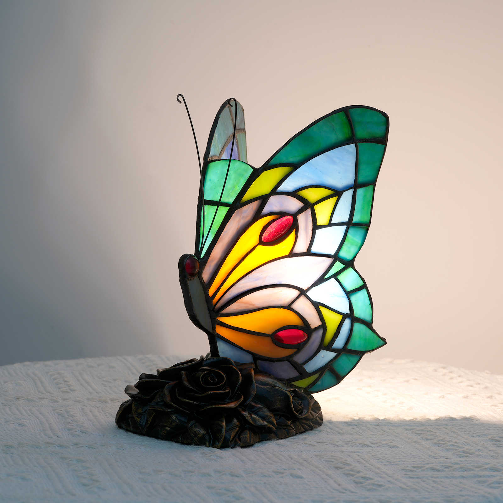 Blivuself Tiffany Style Green Mini Butterfly Nightlight Stained Glass Bedroom Bedside Lamp Or Table Lamp Led Bulb Colorful Vintage Butterfly Decoration Perfect For Giving To Kids, Girls, Families, Holiday Gifts, Etc. Red Bead Small Butterfly Lamp OFU1182