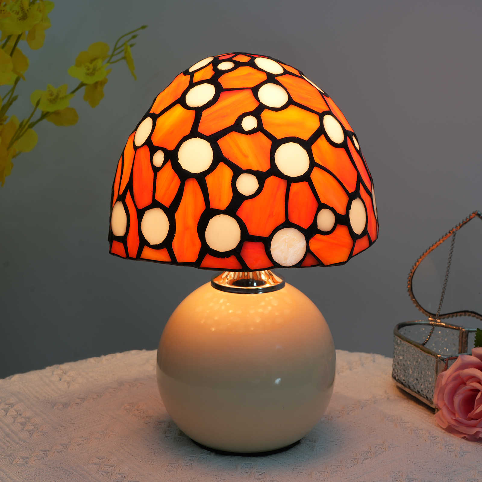 Blivuself Tiffany Stained Glass Red Little Mushroom Table  Lamp Bedroom Bedside Reading Lamp Office Dorm Bar Warm Vintage Style Decor Unique Lovely Cottage 8 Inch Country Nightstand Lamp 7 Inches Red Mushroom Table Lamp OFU1060 