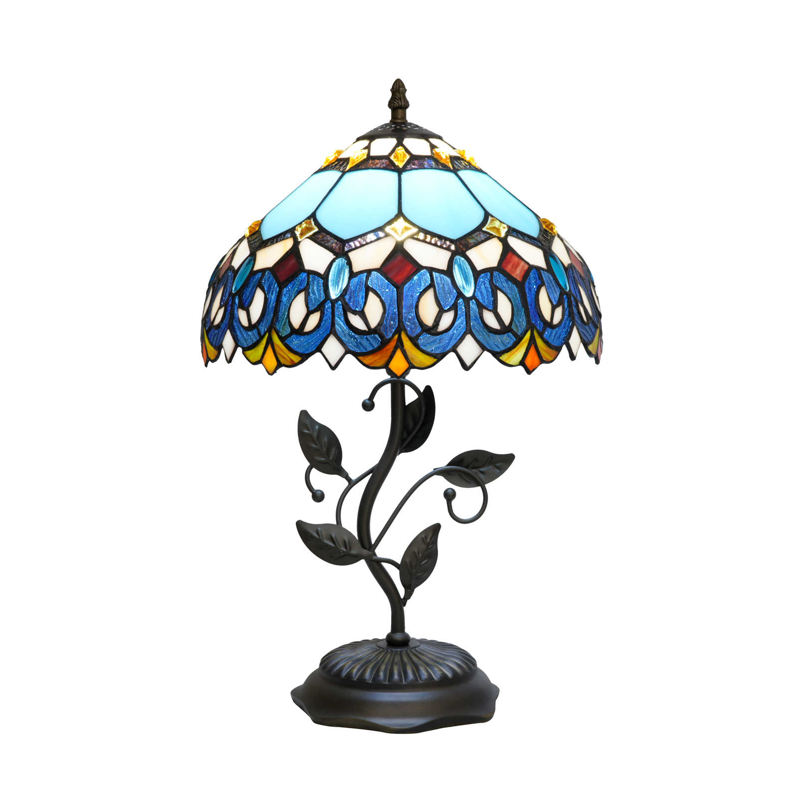 Blivuself Tiffany Lamp 12 Inch Stained Glass Table Lamp Blue Beads Mediterranean Reading Lamp Leaf Base Design, Suitable For Bedrooms, Dormitories, Living Rooms, Restaurants, Study Rooms. Tiffany Retro Style Classical Art Home Decoration Item (OFHY02)