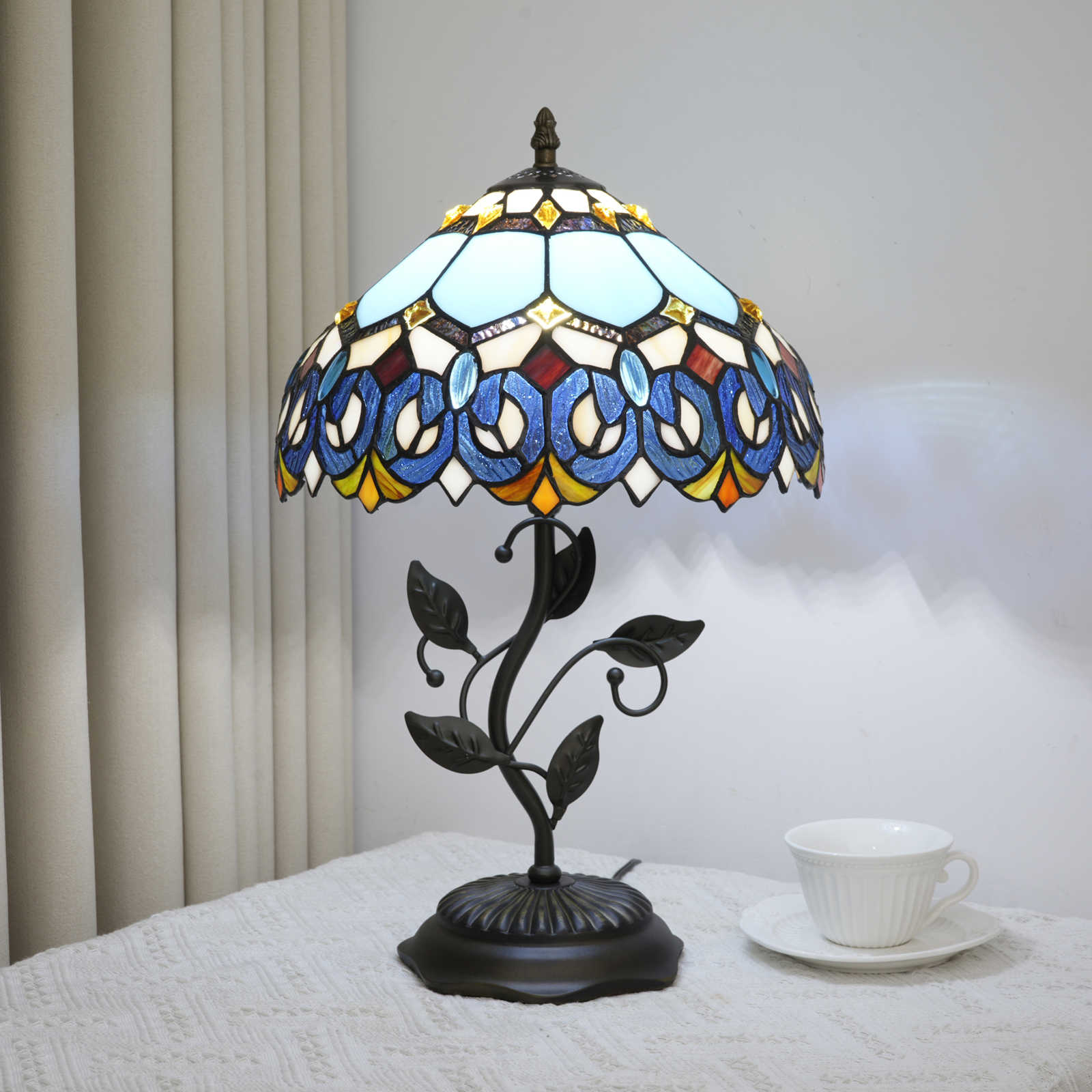 Blivuself Tiffany Lamp 12 Inch Stained Glass Table Lamp Blue Beads Mediterranean Reading Lamp Leaf Base Design, Suitable For Bedrooms, Dormitories, Living Rooms, Restaurants, Study Rooms. Tiffany Retro Style Classical Art Home Decoration Item (OFHY02)
