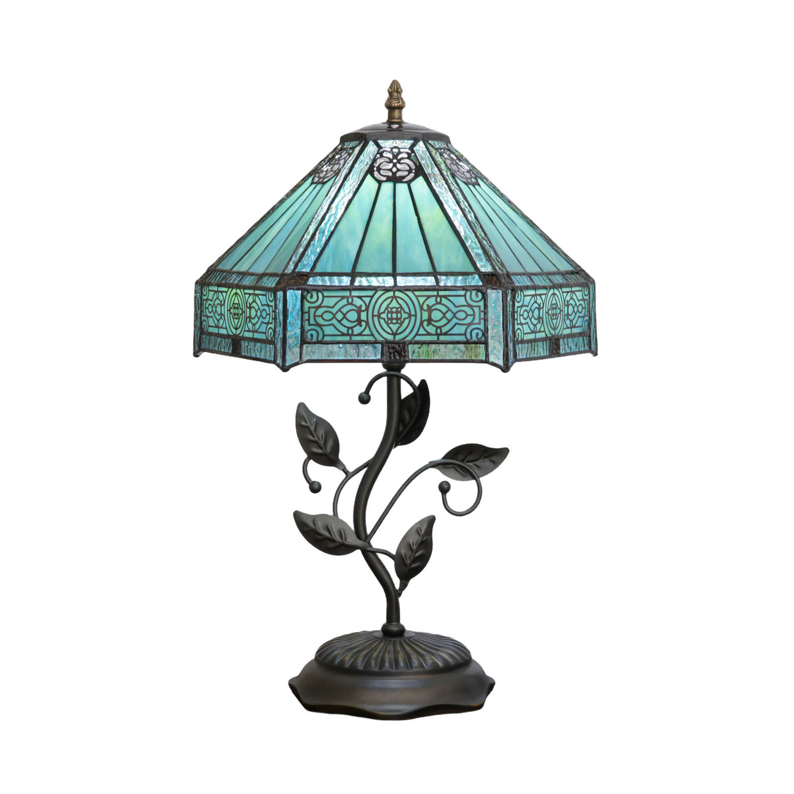 Blivuself Tiffany Lamp 12 Inch Stained Glass Table Lamp Blue Green Hexagonal Reading Light, Leaf Base Design, Suitable For Bedrooms, Dormitories, Living Rooms, Dining Rooms, Study. Tiffany Retro Style Classical Art Home Decoration Item (OFHY01)