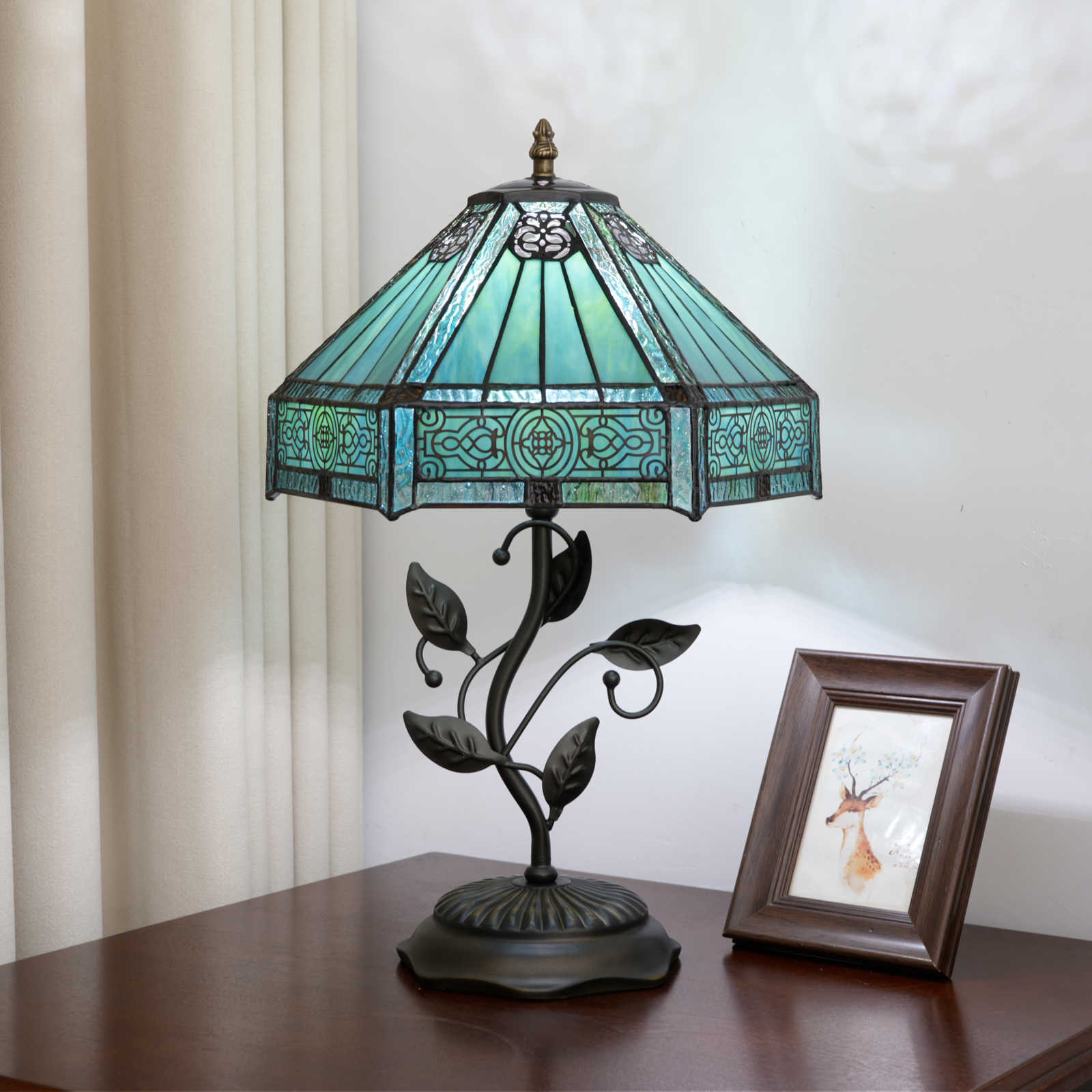 Blivuself Tiffany Lamp 12 Inch Stained Glass Table Lamp Blue Green Hexagonal Reading Light, Leaf Base Design, Suitable For Bedrooms, Dormitories, Living Rooms, Dining Rooms, Study. Tiffany Retro Style Classical Art Home Decoration Item (OFHY01)