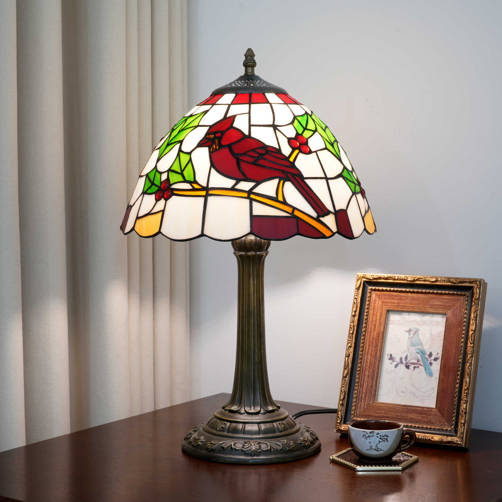 Blivuself Tiffany Lamp 12 Inch Stained Glass Table Lamp Red Bird Christmas Flower, Suitable For Bedroom, Dormitory, Living Room, Dining Room, Study. Tiffany Vintage Style Classical Art Home Holiday Decoration (OFT1443)