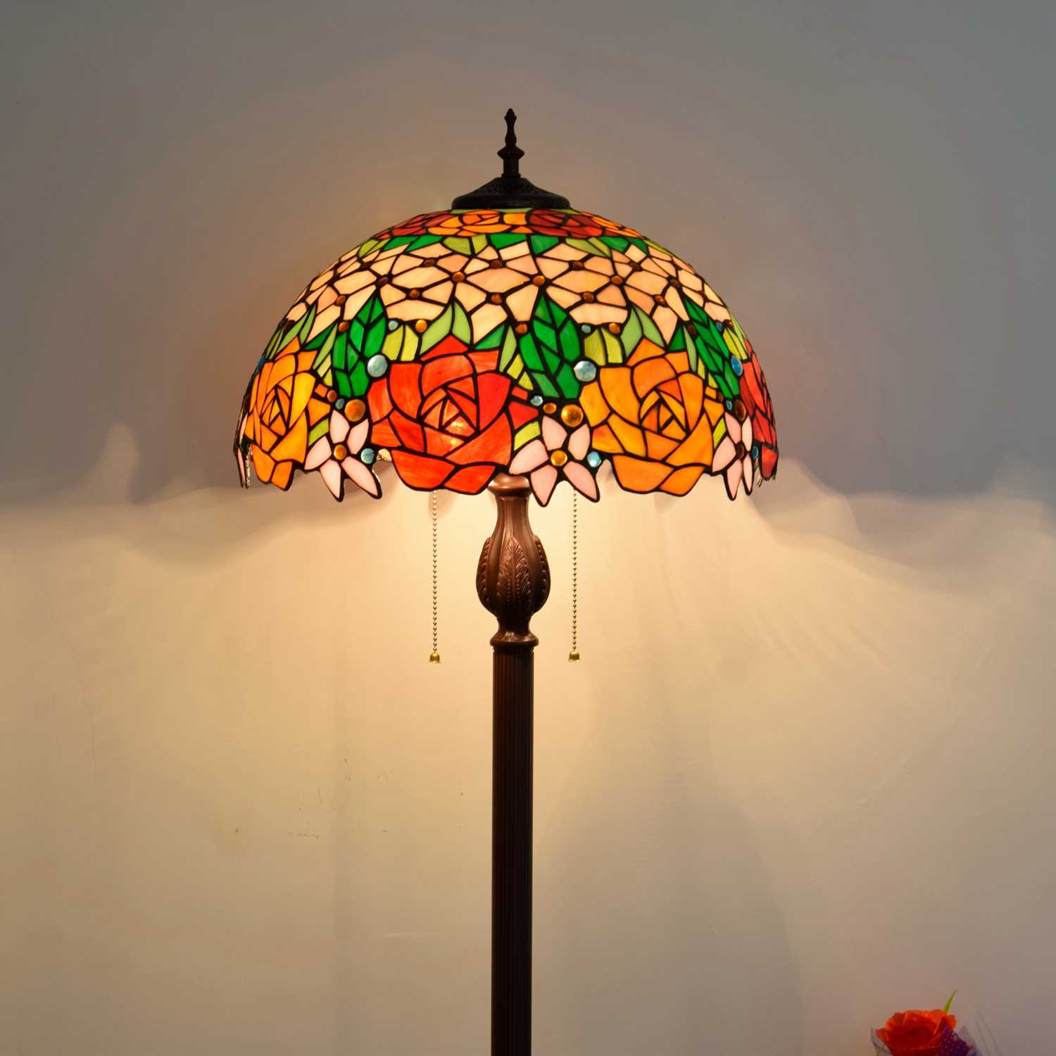 Blivuself Tiffany Floor Lamp 16 Inch Stained Glass Bright Rose, Coffee Base Upright Classic Floor Lamp Is Suitable For Bedrooms, Dormitories, Living Rooms, Dining Rooms, Study. Tiffany'S Retro Style Is A Classic Art Home Decoration Item For Festivals (OFCF1001)