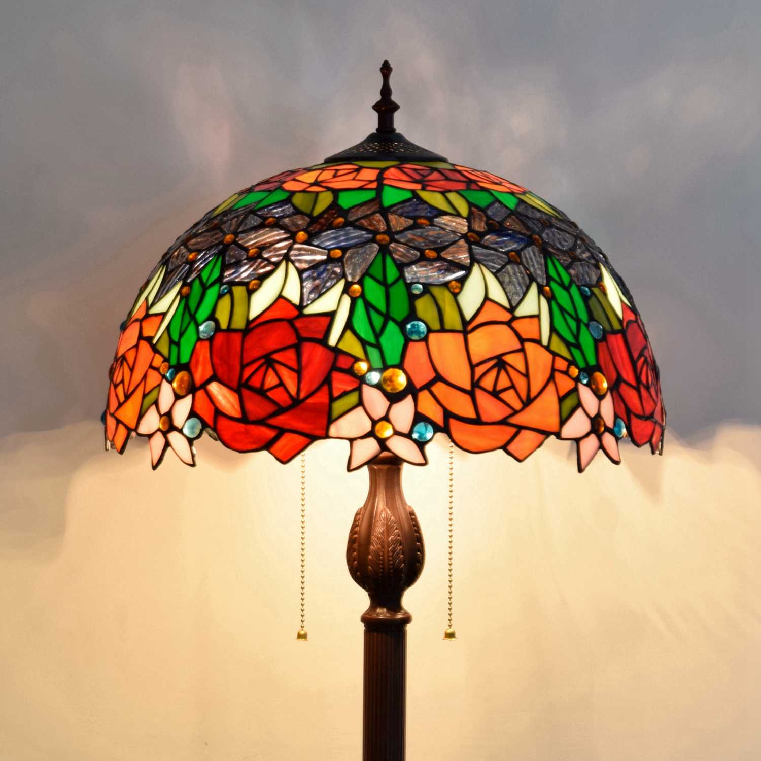 Blivuself Tiffany Floor Lamp 16 Inch Stained Glass Lamp Black Bottom Rose, Coffee Base Upright Classic Floor Lamp Is Suitable For Bedrooms, Dormitories, Living Rooms, Dining Rooms, Study. Tiffany'S Retro Style Is A Classic Art Home Decoration Item For Festivals (OFCF1002)