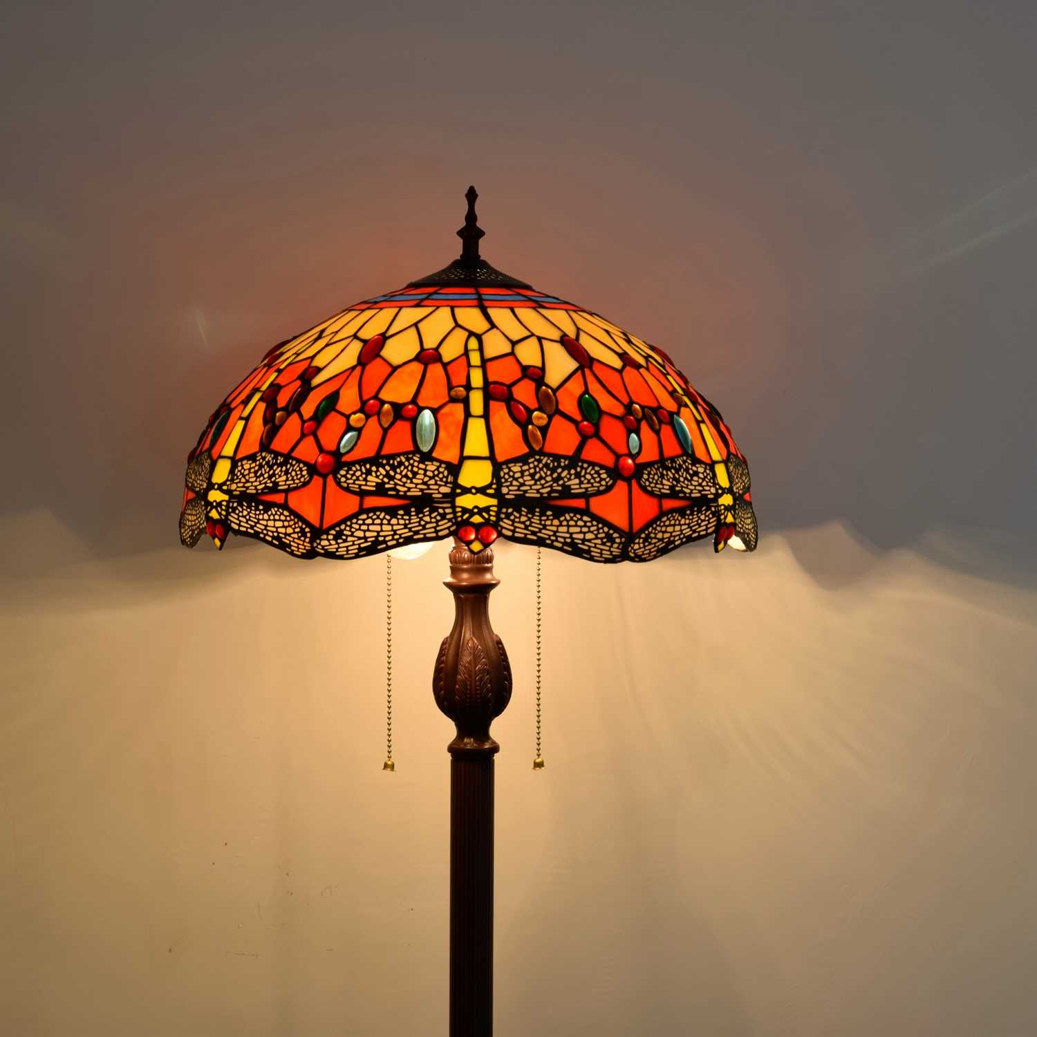 Blivuself Tiffany Floor Lamp 16-Inch Stained Glass Lamp Red Dragonfly Coffee-Colored Base Upright Classic Floor Lamp Suitable For Bedrooms, Dormitories Living Rooms Dining Rooms And Studies Tiffany Retro Style Classical Art Furniture Decoration (OFCF1011)