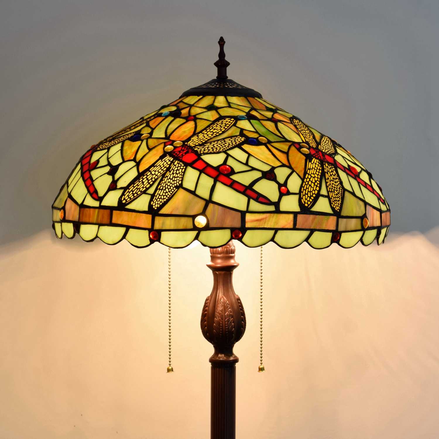 Blivuself Tiffany Floor Lamp 16-Inch Stained Glass Lamp Green Dragonfly Coffee-Colored Base Upright Classic Floor Lamp Suitable For Bedrooms Dormitories Living Rooms Dining Rooms And Studies Tiffany Retro Style Classical Art Furniture Decoration (OFCF1012)