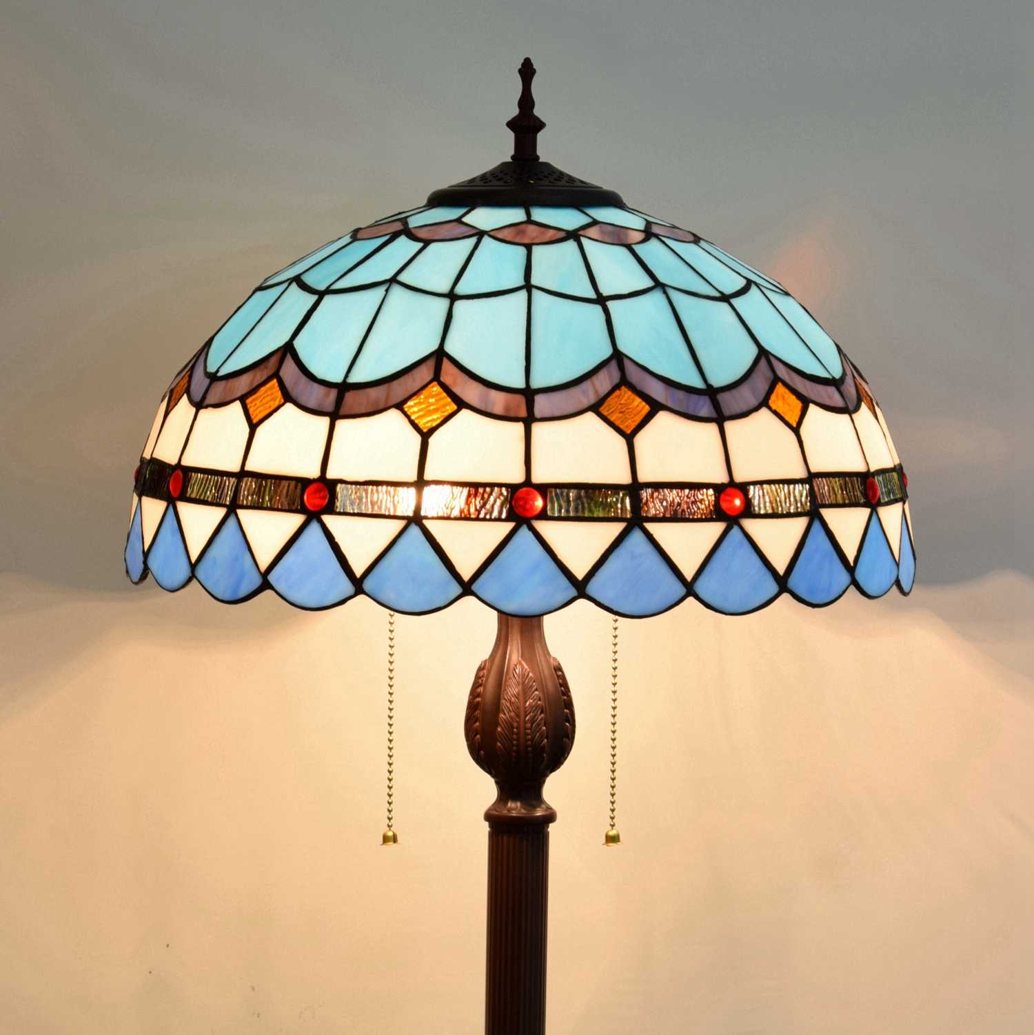 Blivuself Tiffany Floor Lamp 16-Inch Stained Glass Lamp Blue Background Mediterranean Coffee-Colored Base Upright Classic Floor Lamp Suitable For Bedrooms Dormitories Living Rooms Dining Rooms And Studies Tiffany Retro Style Classical Art Furniture Decoration (OFCF1017)