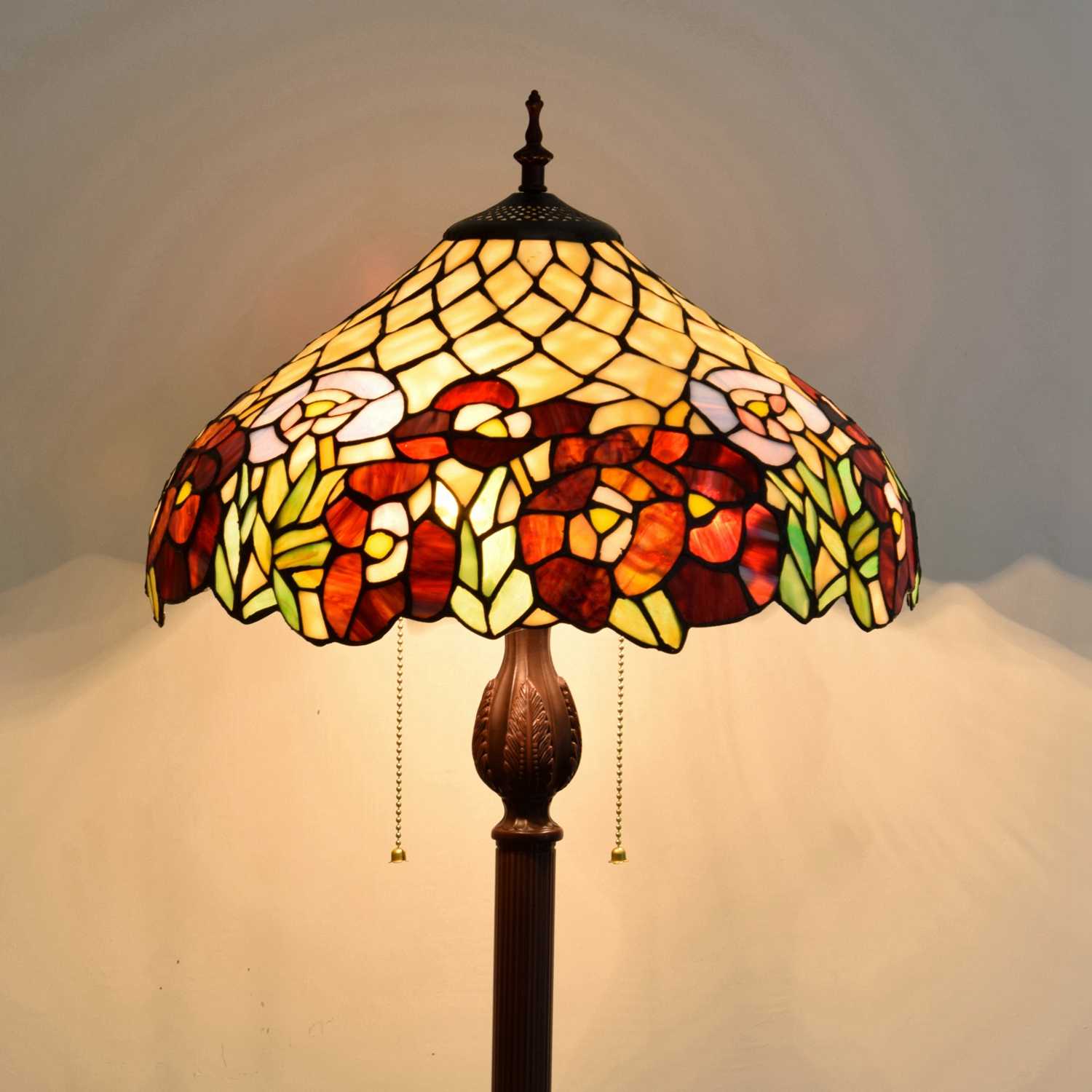 Blivuself Tiffany Floor Lamp 16-Inch Stained Glass Lamp Brownish Red Clematis Coffee-Colored Base Upright Classic Floor Lamp Suitable For Bedrooms Dormitories Living Rooms Dining Rooms And Studies Tiffany Retro Style Classical Art Furniture Decoration (OFCF1018)