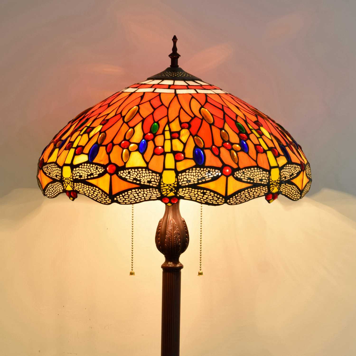 Blivuself Tiffany Floor Lamp 16 Inch Stained Glass Light Brown Red Dragonfly Coffee Color Base Upright Classic Floor Lamp For Bedroom Dormitory Living Room Dining Room And Study Tiffany Retro Style Classical Art Furniture Decoration (OFCF1020)