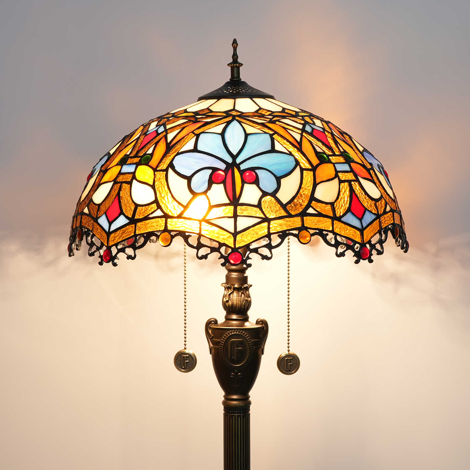 Blivuself Tiffany Floor Lamp Medieval Court Style Design 16 Inches Brown Love Hand-Made Colored Glass Lamp Shade, Indoor Lighting Retro Country Classical Art Home Decoration For Bedroom Living Room Office Study 16 Inches Love Beads - OF  Floor Lamp - Longwei OFN02