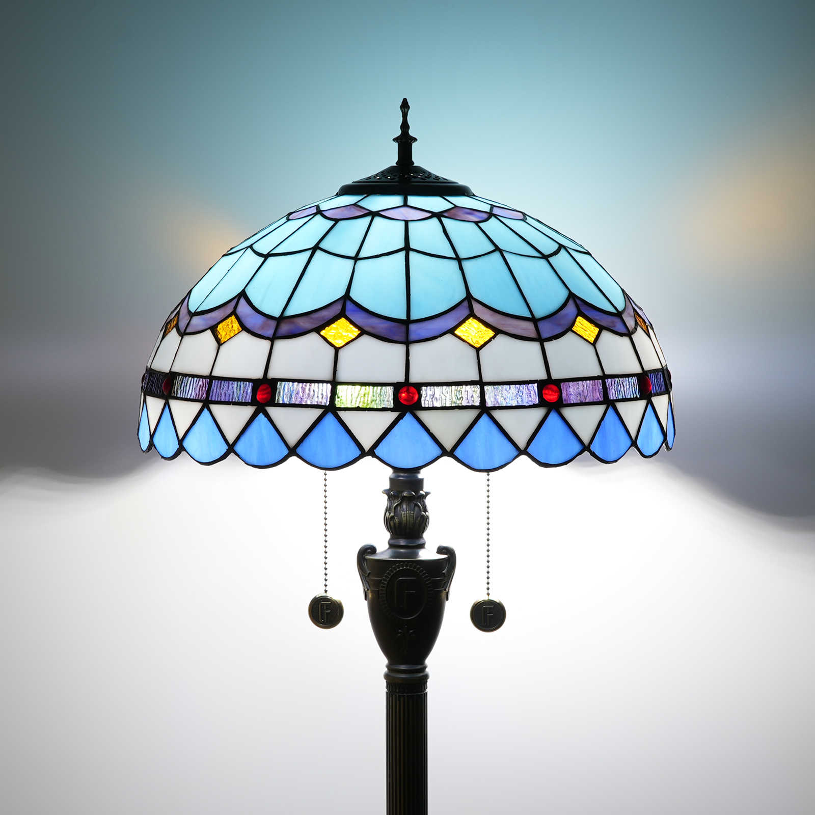 Blivuself Tiffany Floor Lamp Bohemian Style Design 16 Inches Blue Mediterranean Handmade Stained Glass Lamp Shade, Indoor Lighting Reading European Antique Craft Home Decoration For Bedroom Living Room Office Study, Etc. 16 Inches Mediterranean-Of Floor Lamp - Feather OFN07