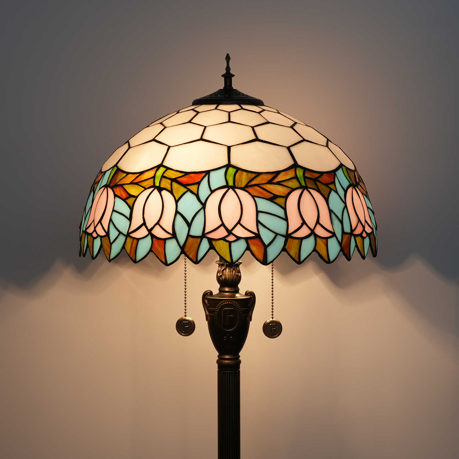 Blivuself Tiffany Floor Lamp Victorian Design 16 Inch Pink Tulip Handcrafted Stained Glass Lamp Shade, Indoor Lighting Reading Romantic Warm Atmosphere Home Decoration For Bedroom Living Room Office Study Etc. 16 Inch Pink Tulip -Of Floor Lamp OFN09