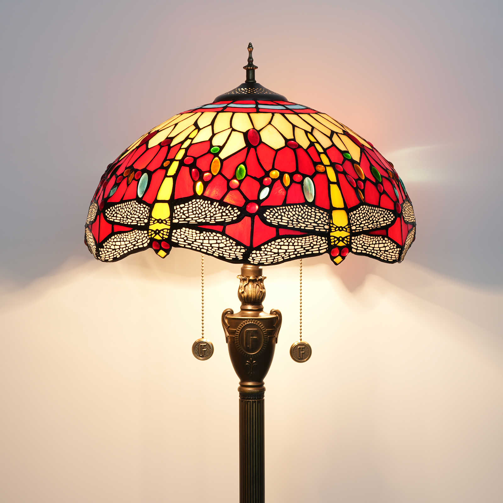 Blivuself Tiffany Floor Lamp Traditional Country Style Design 16 Inches Red Bottom Yellow Dragonfly Handmade Stained  Glass Lampshade, Indoor Lighting Reading European Pastoral Home Decoration For Bedroom Living Room Office Study 16 Inches Red Bottom Dragonfly Floor Lamp OFN11
