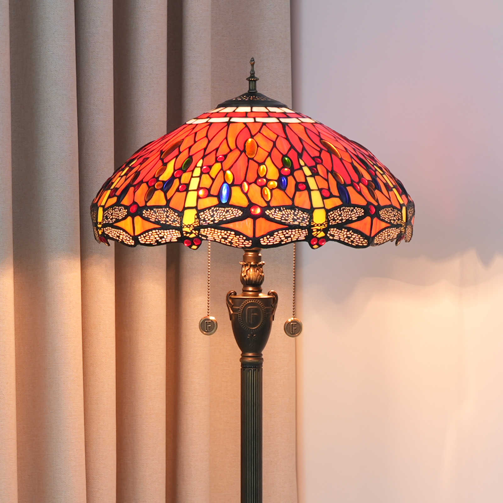 Blivuself Tiffany Floor Lamp Traditional Country Style Design 18-Inch Red Dragonfly Hand-Made Stained Glass Lampshade, Indoor Lighting Reading European Garden Home Decoration For Bedroom Living Room Office Study 18-Inch Red Dragonfly Floor Lamp OFN12