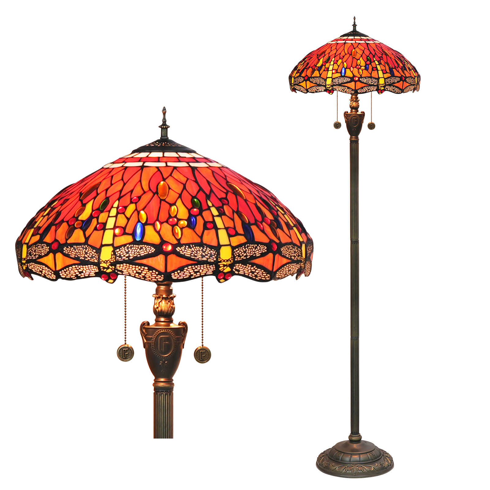 Blivuself Tiffany Floor Lamp Traditional Country Style Design 18-Inch Red Dragonfly Hand-Made Stained Glass Lampshade, Indoor Lighting Reading European Garden Home Decoration For Bedroom Living Room Office Study 18-Inch Red Dragonfly Floor Lamp OFN12