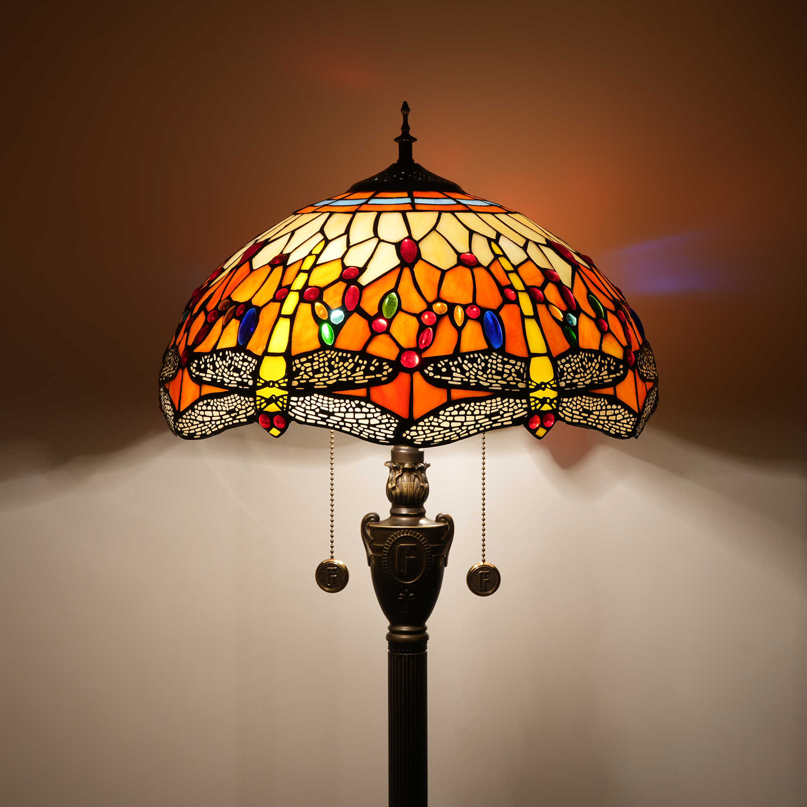 Blivuself Tiffany Floor Lamp Garden Dragonfly Design 16  Inch Orange Dragonfly Hand-Made Stained Glass Lampshade, Indoor Lighting Reading Vintage Craft Home Decoration For Bedroom Living Room Office Study Etc. 16" Orange Dragonfly -Of Floor Lamp OFN15