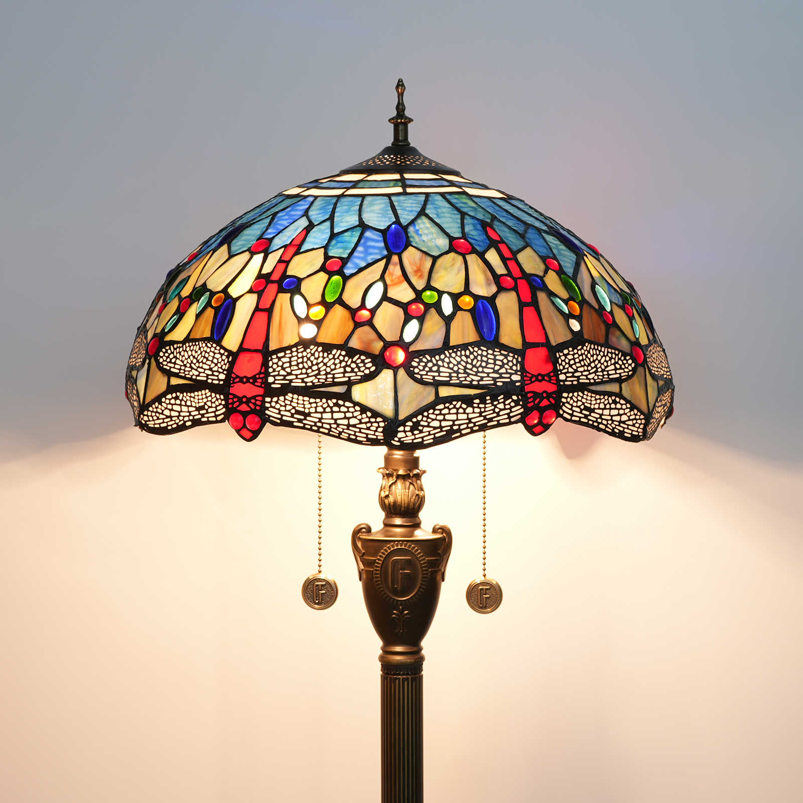 Blivuself Tiffany Floor Lamp Victorian Style 16 Inch Blue Background Red Dragonfly Handmade Stained Glass Lampshade, Indoor Lighting Reading Vintage Style Home Decoration For Bedroom Living Room Office Study Etc. 16 Inch Blue Background Dragonfly Floor Lamp OFN18