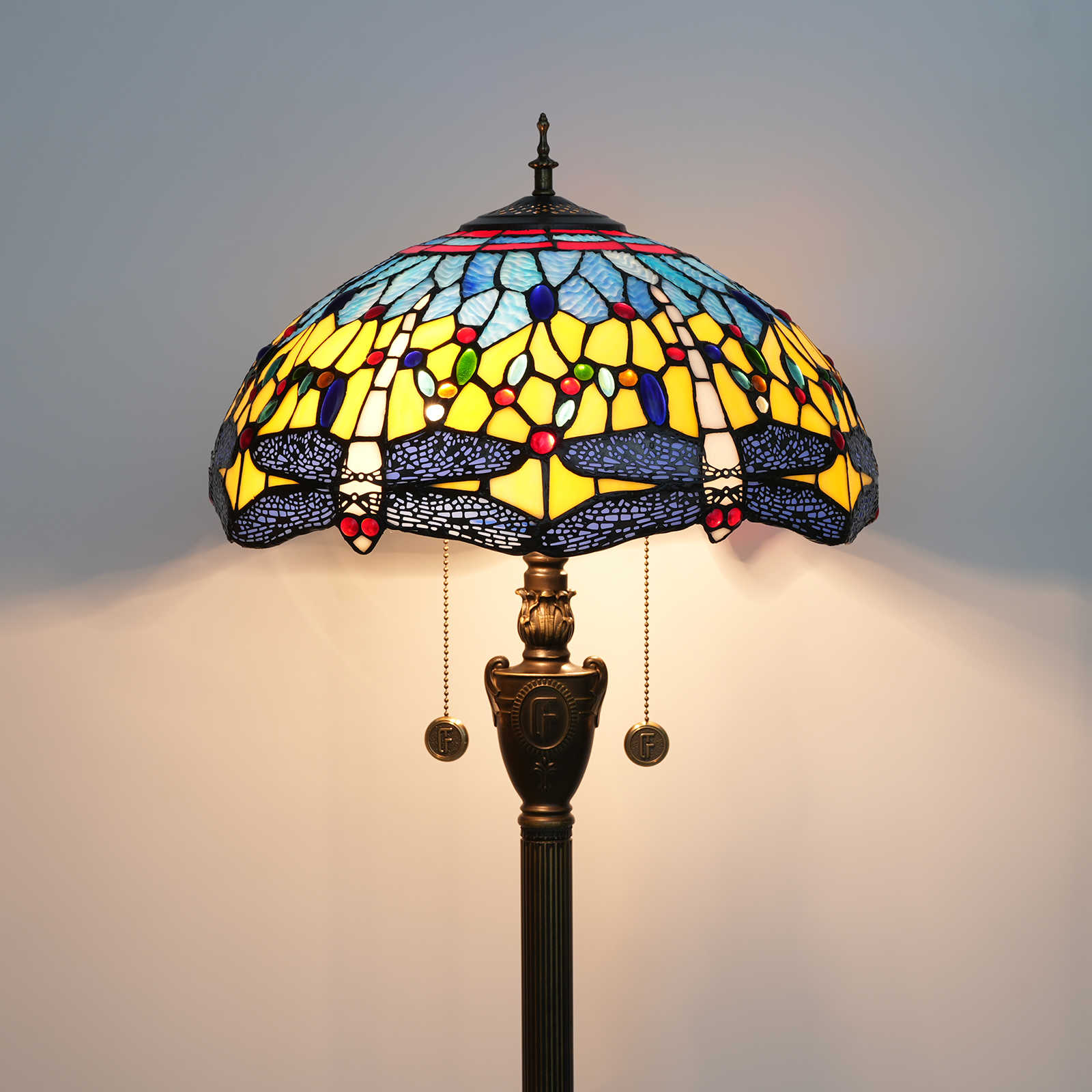Blivuself Tiffany Floor Lamp Dragonfly Style 16 Inch Yellow Background White Dragonfly Hand-Made Stained Glass Lampshade, Indoor Lighting Reading European Garden Retro Style Home Decoration For Bedroom Living Room Office Study, Etc. 16 Inch Yellow Bottom Dragonfly Floor Lamp OFN19