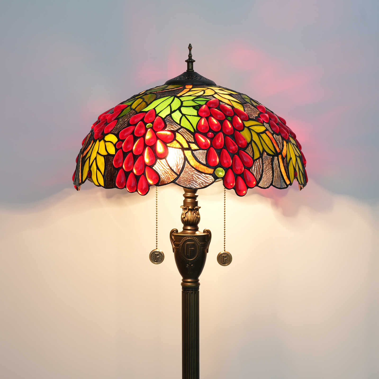 Blivuself Tiffany Floor Lamp Victorian Style 16 Inch Red Grapes Handmade Stained Glass Lamp Shade, Indoor Lighting Reading Pastoral Warm Style Home Decoration For Bedroom Living Room Office Study Etc. 16 Inch Harvest Grapes -Of Floor Lamp OFN23
