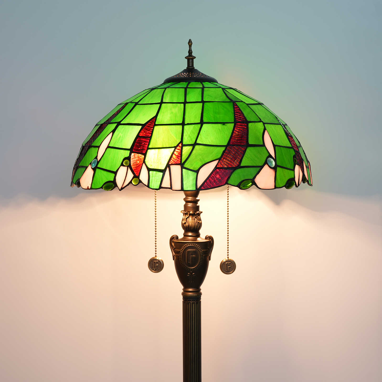 Blivuself Tiffany Floor Lamp Victorian Style 16 Inch Green Beads Handmade Stained Glass Lamp Shade, Indoor Lighting Reading Retro Craft Warm Style Home Decoration For Bedroom Living Room Office Study Etc. 16 Inch Green Beads -Of Floor Lamp OFN24