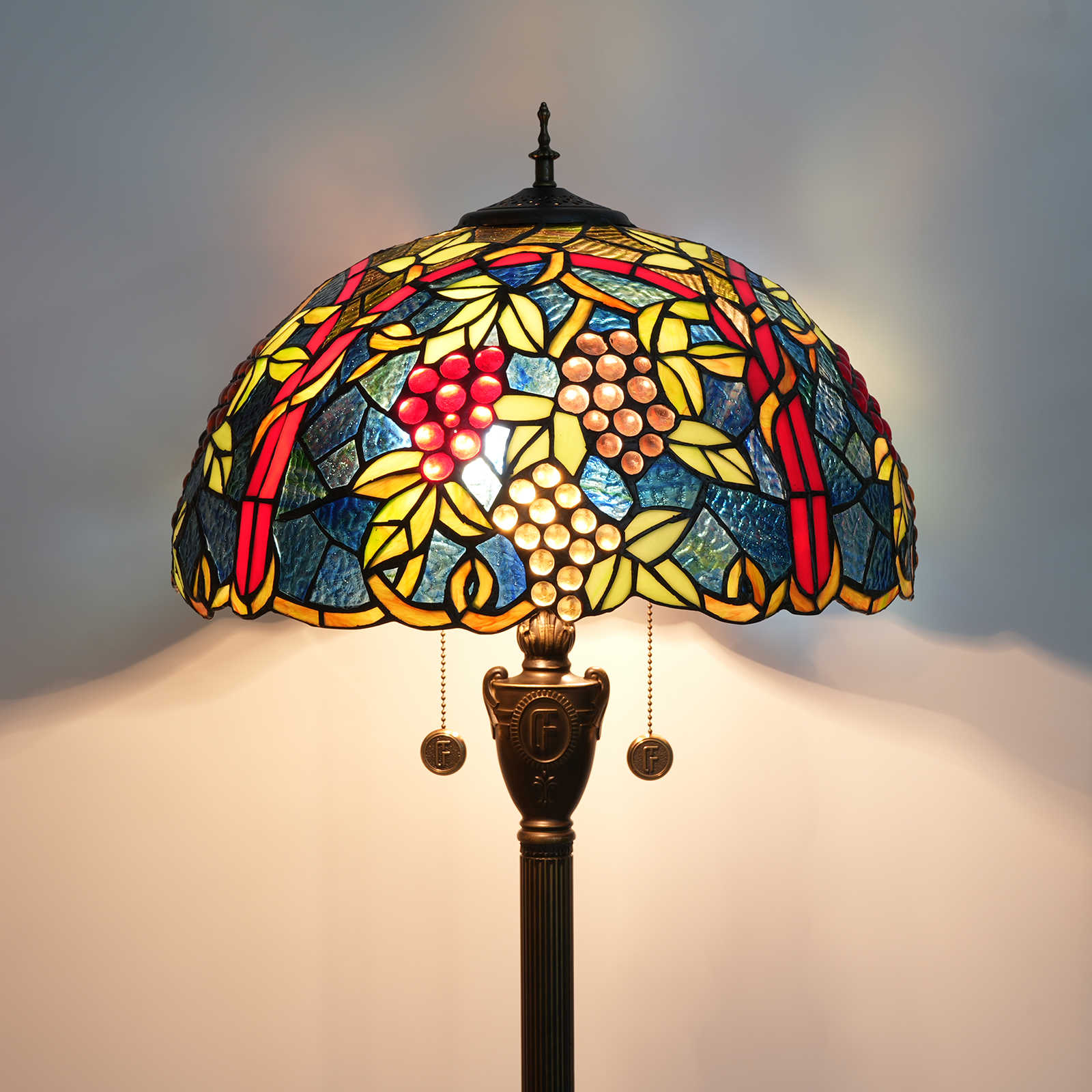 Blivuself Tiffany Floor Lamp Bohemian Style 17-Inch Grape Fruit Hand-Made Stained Glass Lamp Shade, Indoor Lighting Reading European Classical Art Warm Style Home Decoration Suitable For Bedroom Living Room Office Study 17-Inch Grape Fruit -Of Floor Lamp OFN25