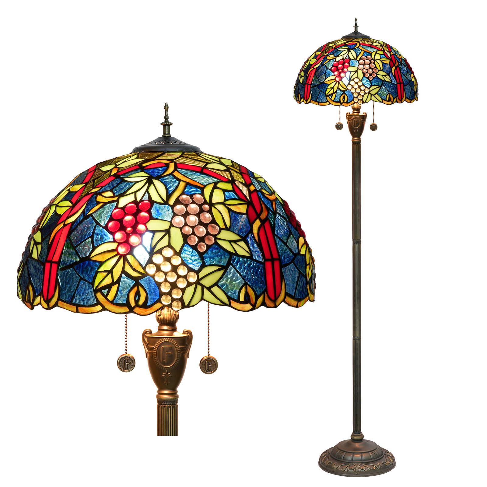 Blivuself Tiffany Floor Lamp Bohemian Style 17-Inch Grape Fruit Hand-Made Stained Glass Lamp Shade, Indoor Lighting Reading European Classical Art Warm Style Home Decoration Suitable For Bedroom Living Room Office Study 17-Inch Grape Fruit -Of Floor Lamp OFN25