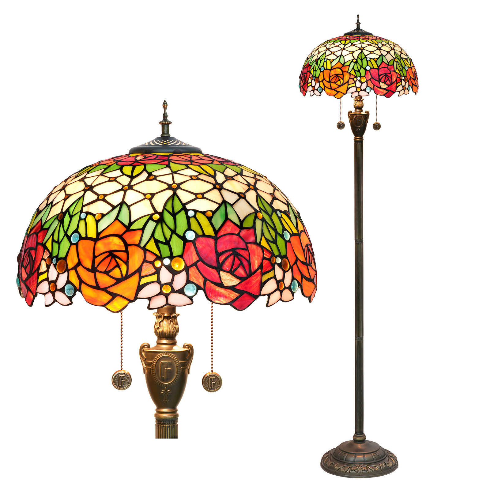 Blivuself Tiffany Floor Lamp Victorian Style 16 Inch Red Orange Two-Color Rose Hand-Made Stained Glass Lamp Shade, Indoor Lighting Reading European Retro Pastoral Style Home Decoration For Bedroom Living Room Office Study, Etc. 16 Inch Gorgeous Rose -Of Floor Lamp OFN37