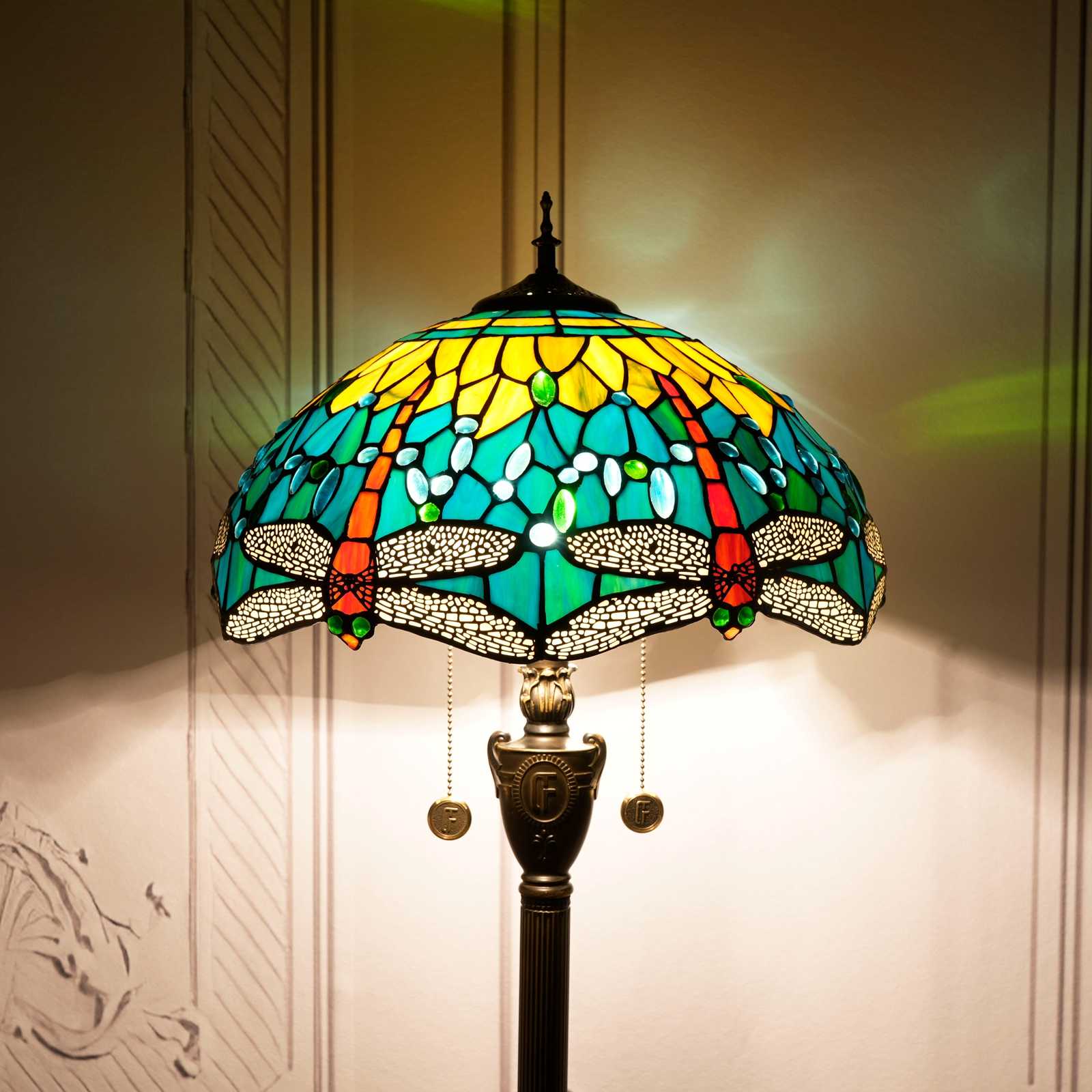 Blivuself Tiffany Floor Lamp Medieval Traditional Style 16 Inch Green Background Red Dragonfly Handmade Stained Glass Lamp Shade, Indoor Lighting Reading Classical Art Atmosphere Home Decoration Suitable For Bedroom Living Room Office Study, Etc. 16 Inch Green Yellow Dragonfly-OF Floor Lamp OFN39