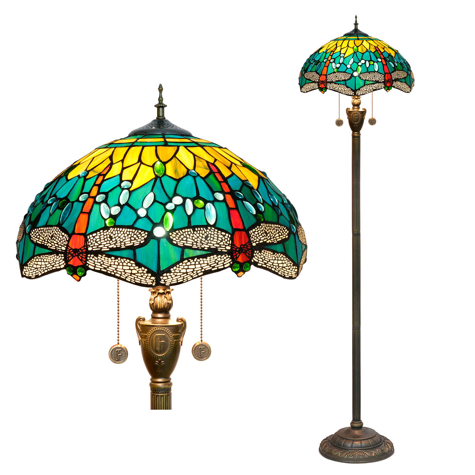 Blivuself Tiffany Floor Lamp Medieval Traditional Style 16 Inch Green Background Red Dragonfly Handmade Stained Glass Lamp Shade, Indoor Lighting Reading Classical Art Atmosphere Home Decoration Suitable For Bedroom Living Room Office Study, Etc. 16 Inch Green Yellow Dragonfly-OF Floor Lamp OFN39