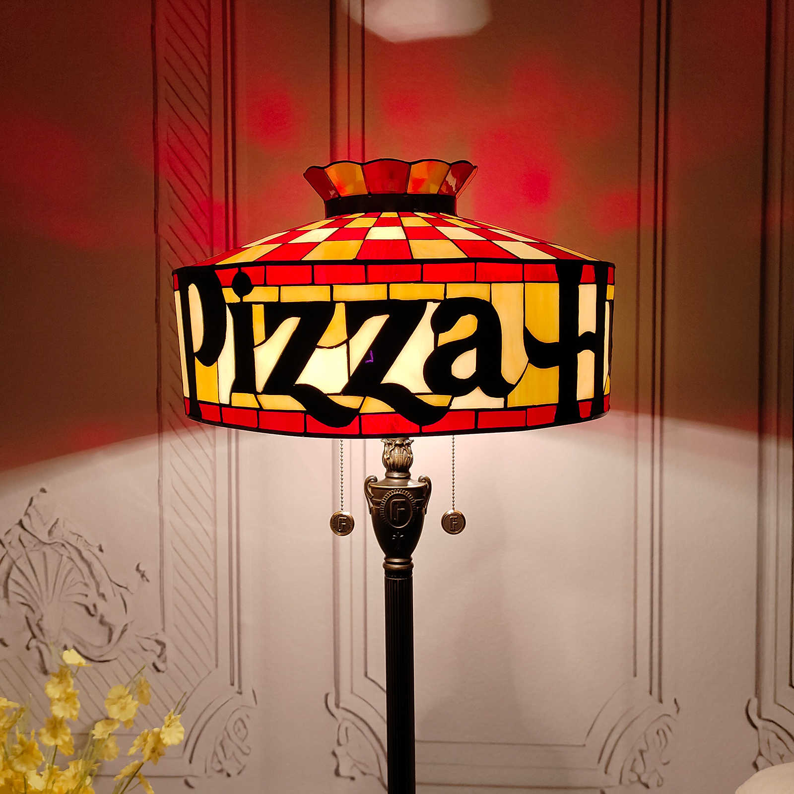 Blivuself Tiffany Floor Lamp Medieval Traditional Style 18 Inch Red Pizza Letter Handmade Stained Glass Lampshade, Interior Lighting Reading Classical Art Atmosphere Home Decoration Suitable For Bedroom Living Room Office Study Etc. 18 Inch Pizza -OF Floor Lamp OFN40