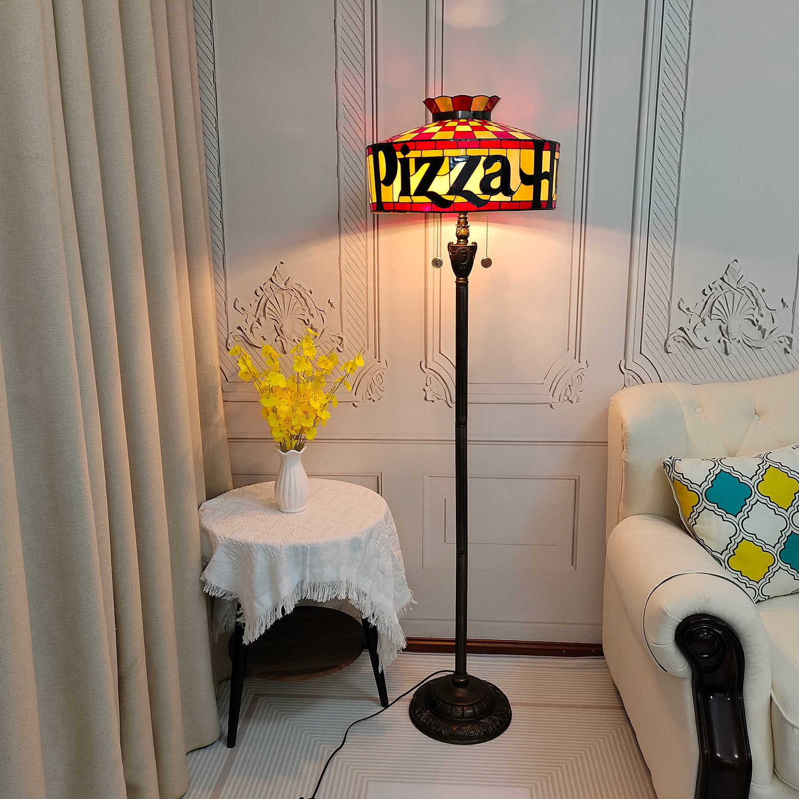 Blivuself Tiffany Floor Lamp Medieval Traditional Style 18 Inch Red Pizza Letter Handmade Stained Glass Lampshade, Interior Lighting Reading Classical Art Atmosphere Home Decoration Suitable For Bedroom Living Room Office Study Etc. 18 Inch Pizza -OF Floor Lamp OFN40