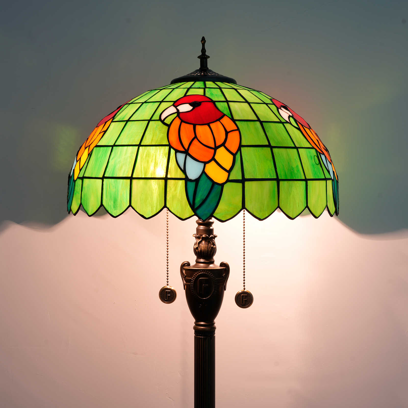 Blivuself Tiffany Floor lamp  European Style 16 Inch Green Base Red Parrot Handmade Colored Glass Lamp Shade, Suitable For Study Bedroom Dining Room Office, Classical Craft Style Indoor Lighting Eye Protection Reading Lamp, 16 Inch Green Base Parrot -OF Floor Lamp OFN43