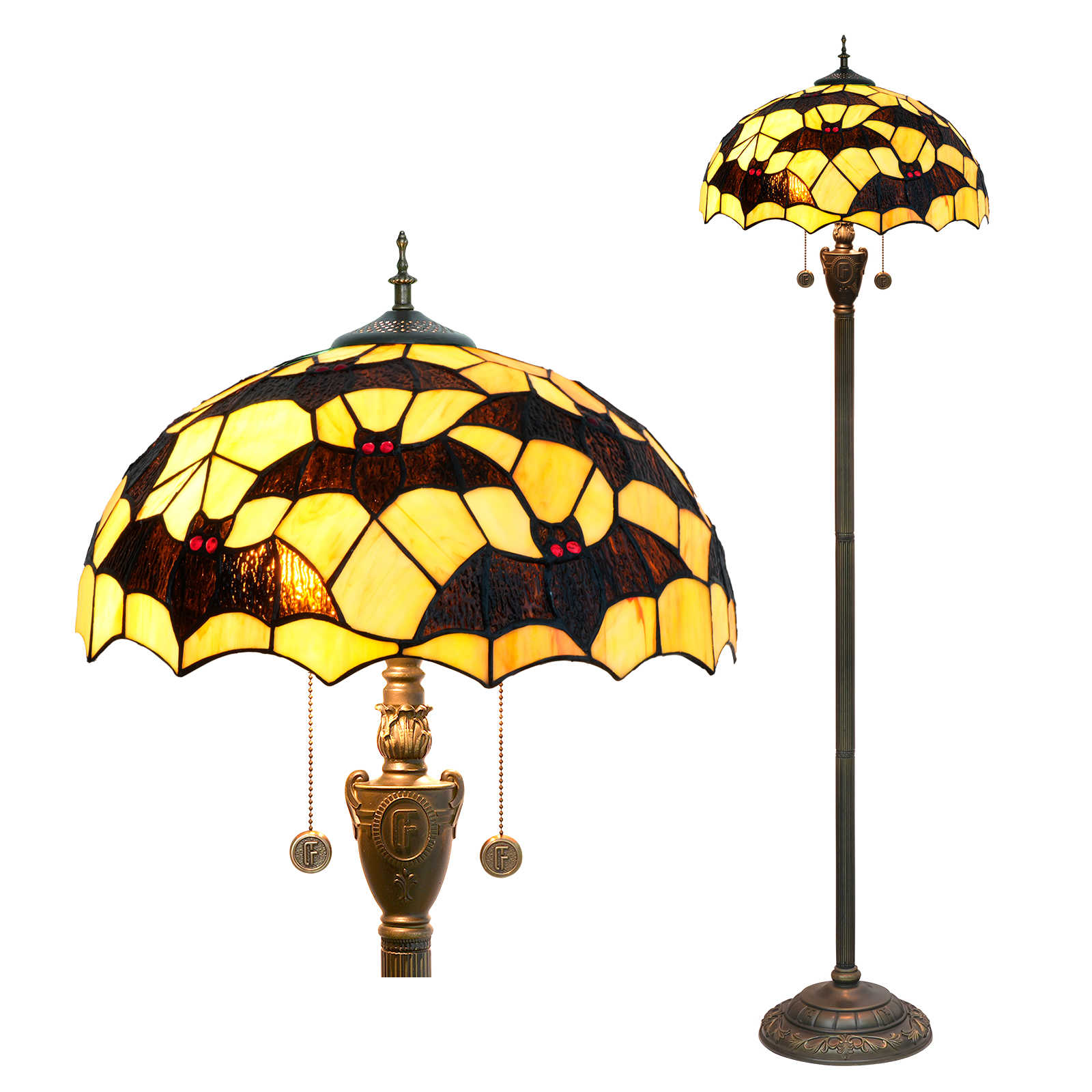 Blivuself Tiffany Floor Lamp 16 Inch Stained Glass Light Yellow Bottom Bat Resin Base Upright Classic Floor Lamp For Bedroom, Dormitory, Living Room, Dining Room And Study Tiffany Retro Style Classical Art Furniture Decoration (OFN44)