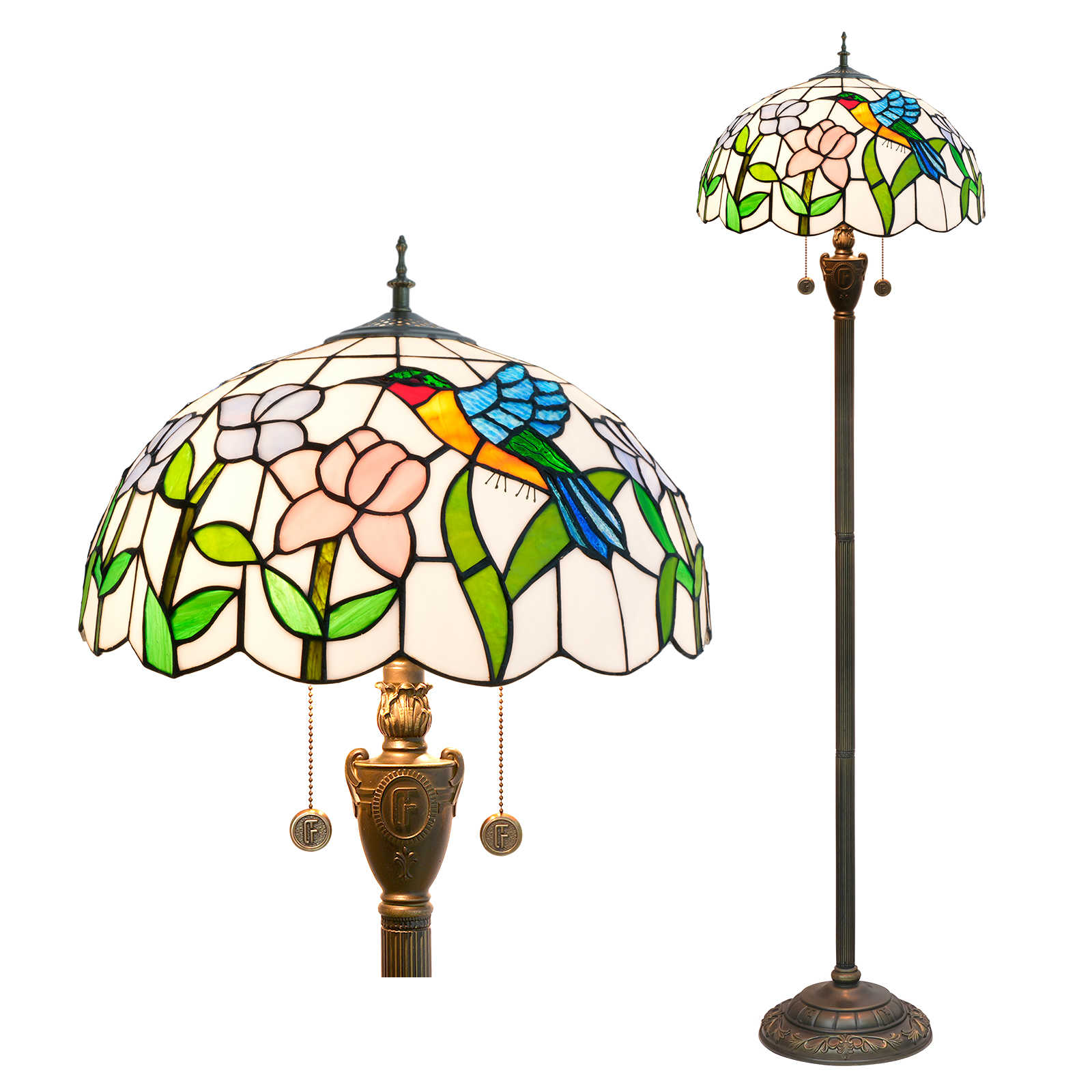 Blivuself Tiffany Floor Lamp 16-Inch Stained Glass Lamp Hummingbird Two-Color Flowery Cream Base Upright Classic Floor Lamp For Bedroom Dormitory Living Room Dining Room And Study Tiffany Retro Style Classical Art Furniture Decoration (OFN50)