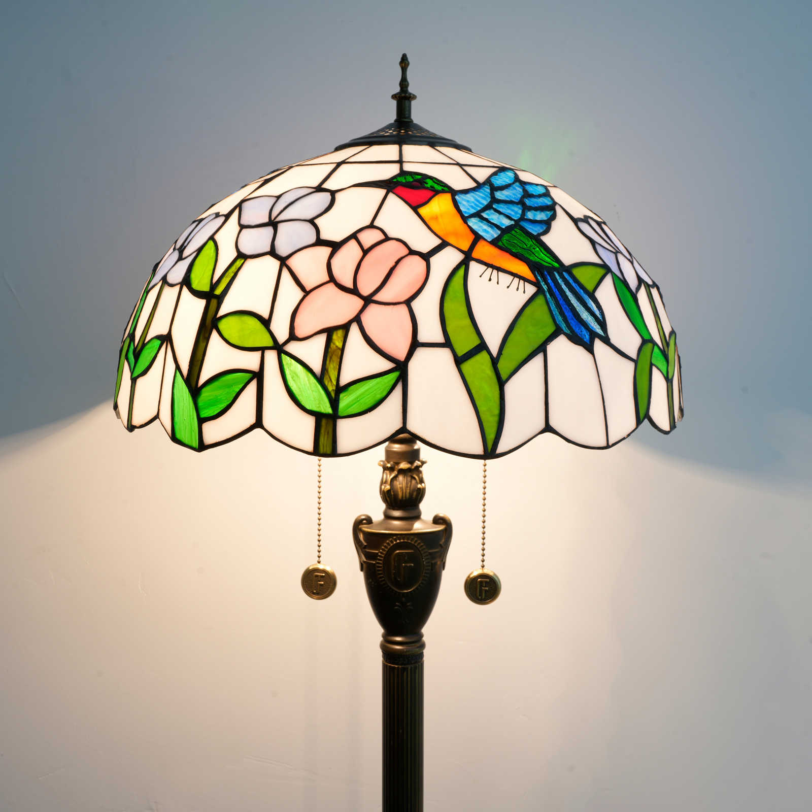 Blivuself Tiffany Floor Lamp 16-Inch Stained Glass Lamp Hummingbird Two-Color Flowery Cream Base Upright Classic Floor Lamp For Bedroom Dormitory Living Room Dining Room And Study Tiffany Retro Style Classical Art Furniture Decoration (OFN50)