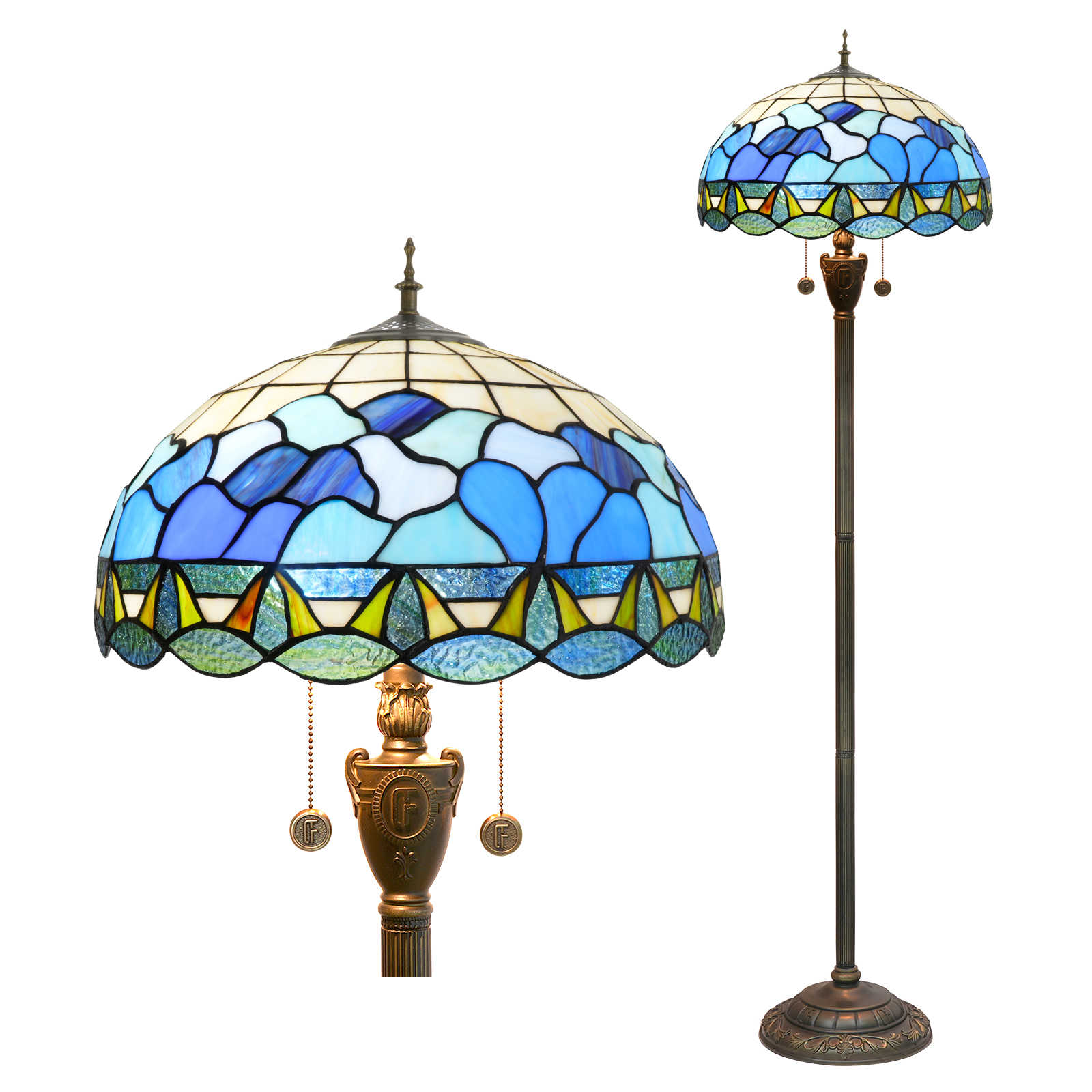 Blivuself Tiffany Floor Lamp 16-Inch Stained Glass Lamp Blue Wave Fat Base Upright Classic Floor Lamp Suitable For Bedrooms Dormitories Living Rooms Dining Rooms And Studies Tiffany Retro Style Classical Art Furniture Decoration (OFN51)