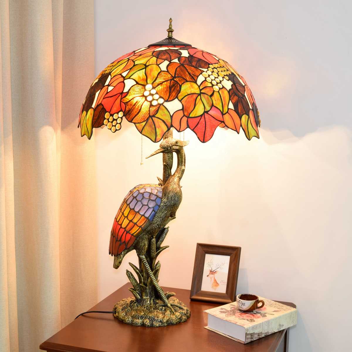 Blivuself Tiffany Lamp Stained Glass Lamp 20 Inch Maple Leaf Grape Female Crane Table Lamp Classic Elegant Oriental Crane Auspicious Aesthetic Resin Base Suitable For Bedroom Living Room Dining Room And Study Tiffany Style Desk Lamp Classical Art Furniture Decoration (OFTX101)