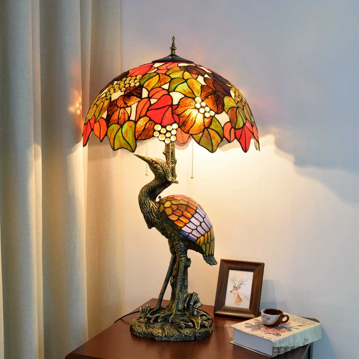 Blivuself Tiffany Lamp Stained Glass Lamp 20 Inch Maple Leaf Grape Male Crane Table Lamp Resin Base Classic Elegant Desk Lamp Suitable For Bedroom Living Room Dining Room And Study Tiffany Style Desk Lamp Classical Art Furniture Decoration (OFTX116)