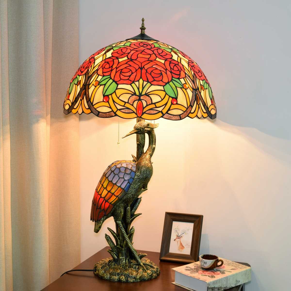 Blivuself Tiffany Lamp Stained Glass Lamp 20 Inch Rose In Full Bloom Female Crane Table Lamp Bronze Relief Resin Base Classic Elegant Desk Lamp For French American Living Room Bedroom Porch Retro Art Decoration Desk Lamp Tiffany Style Desk Lamp Classic Furniture Decoration (OFTX102)