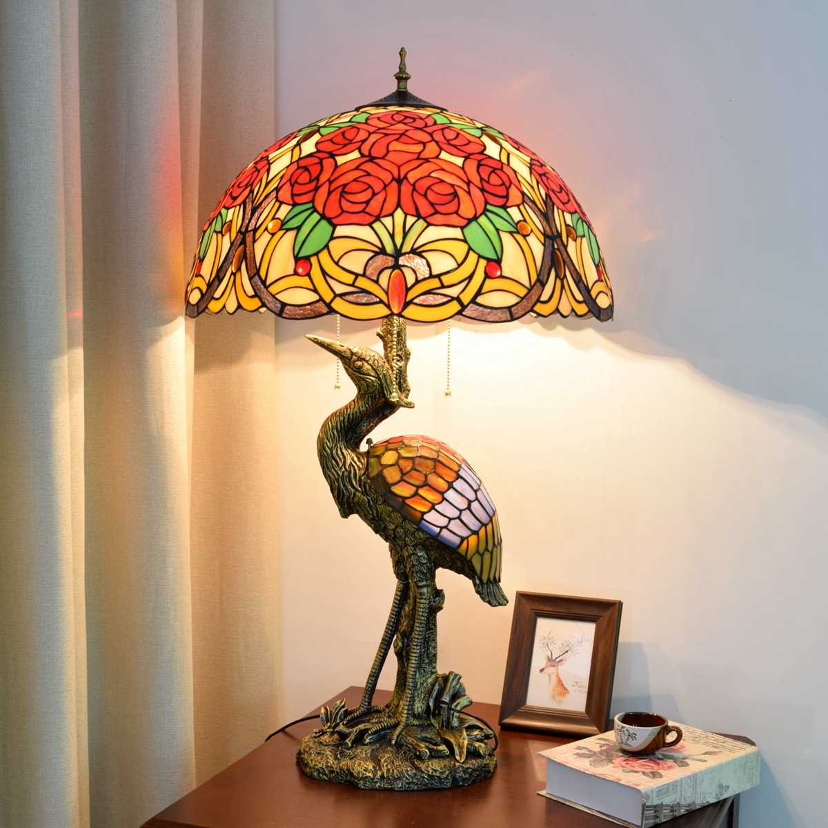 Blivuself Tiffany Lamp Stained Glass Lamp 20 Inch Rose In Bloom Male Crane Table Lamp Bronze Relief Resin Base Classic Elegant Desk Lamp For French American Living Room Bedroom Porch Retro Art Decoration Desk Lamp Tiffany Style Desk Lamp Classic Furniture Decoration (OFTX112)